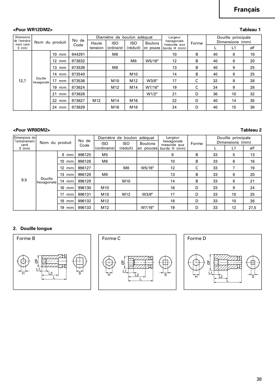 InFocus VR 9DM2 manual Pour WR12DM2 Tableau, Pour WR9DM2 Tableau, Douille longue 