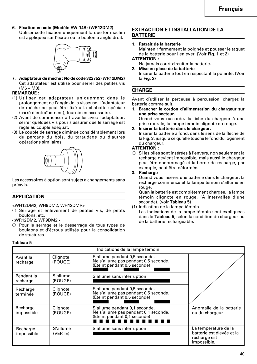 InFocus VR 9DM2 manual Extraction ET Installation DE LA Batterie, Charge, Remarque 