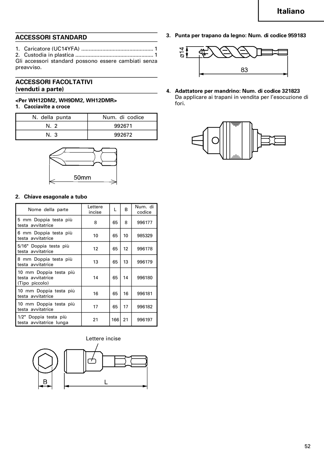 InFocus VR 9DM2 manual Accessori Standard, Accessori Facoltativi, Per WH12DM2, WH9DM2, WH12DMR, Cacciavite a croce 