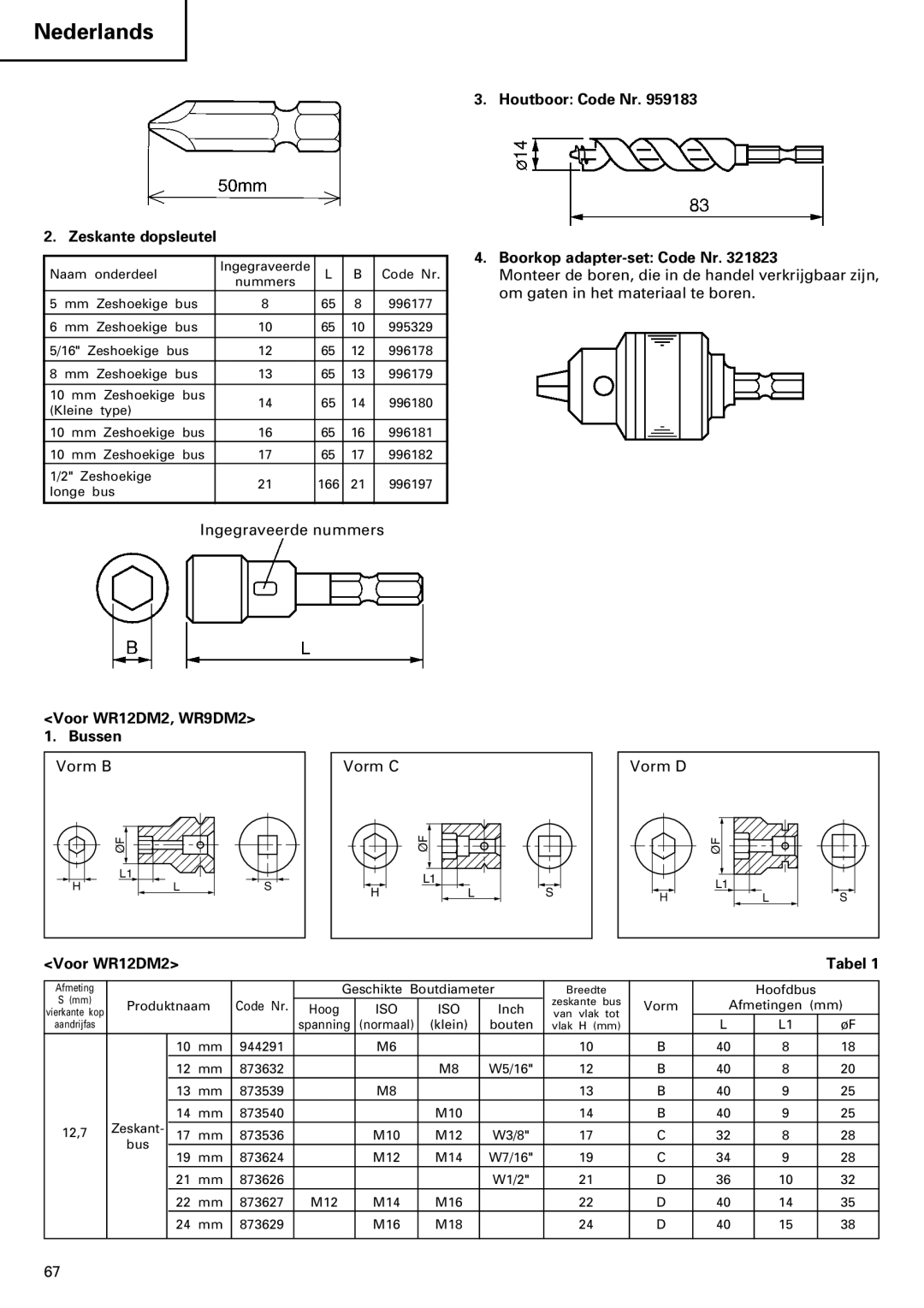 InFocus VR 9DM2 manual Zeskante dopsleutel, Houtboor Code Nr Boorkop adapter-set Code Nr, Voor WR12DM2, WR9DM2 Bussen 