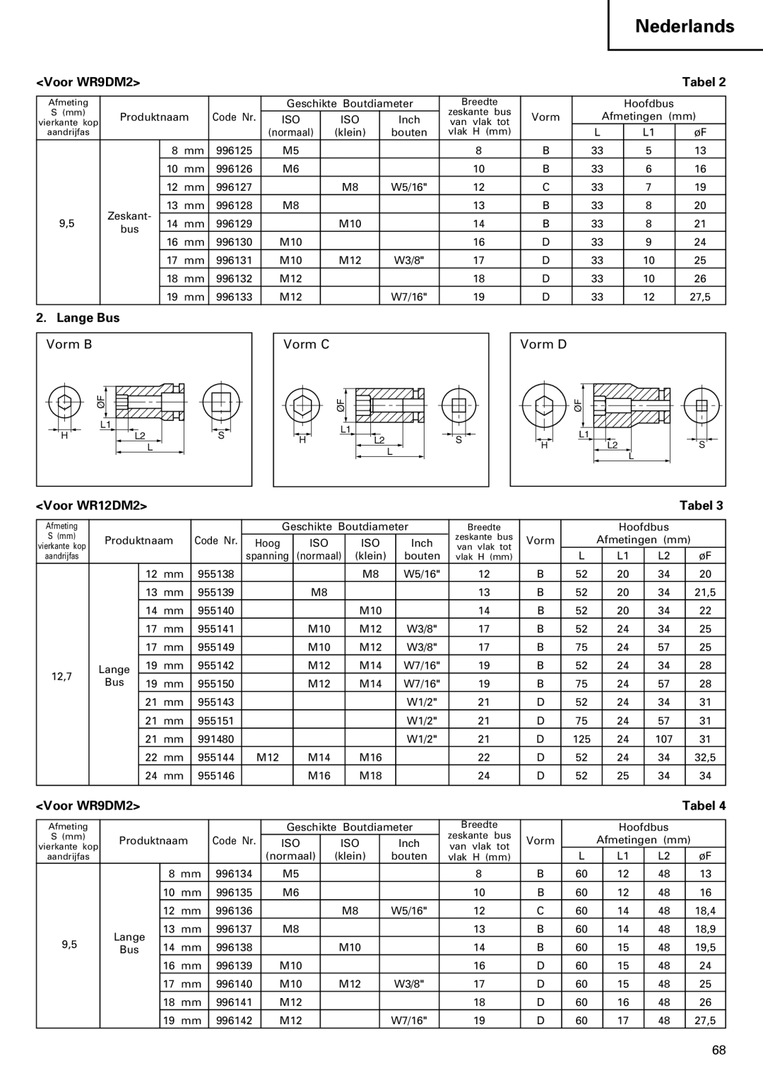 InFocus VR 9DM2 manual Voor WR9DM2 Tabel, Lange Bus, Voor WR12DM2 