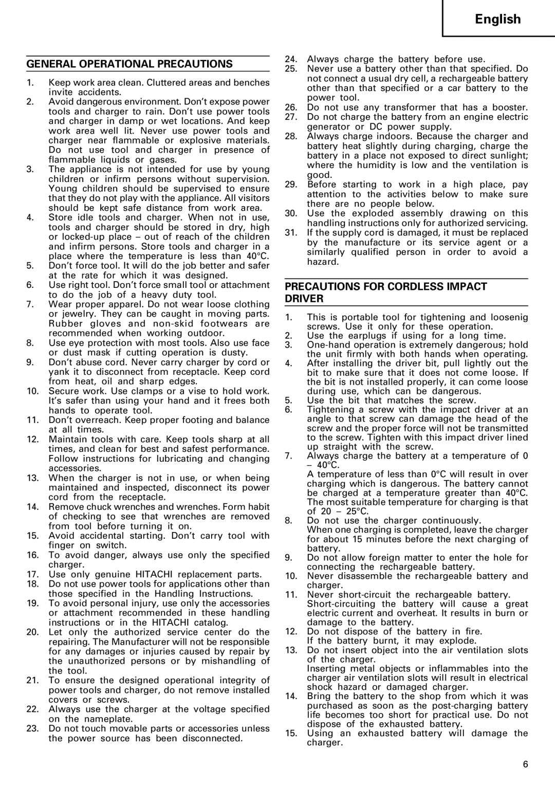 InFocus VR 9DM2 manual General Operational Precautions, Precautions for Cordless Impact Driver 