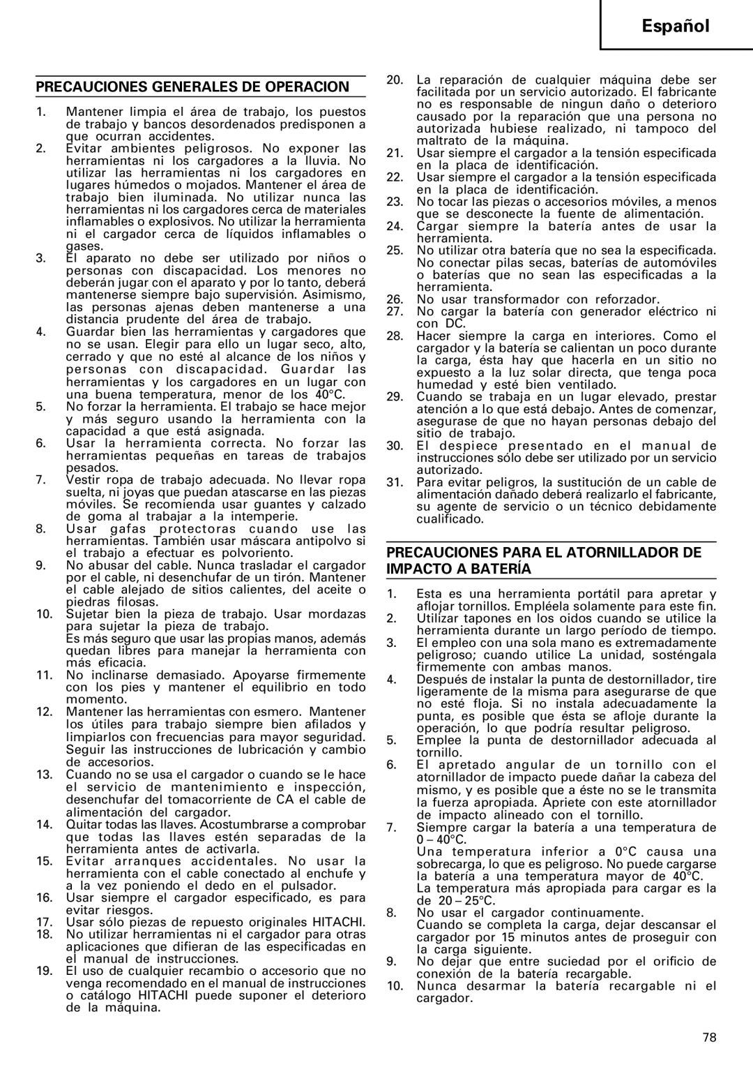 InFocus VR 9DM2 manual Precauciones Generales DE Operacion, Precauciones Para EL Atornillador DE Impacto a Batería 