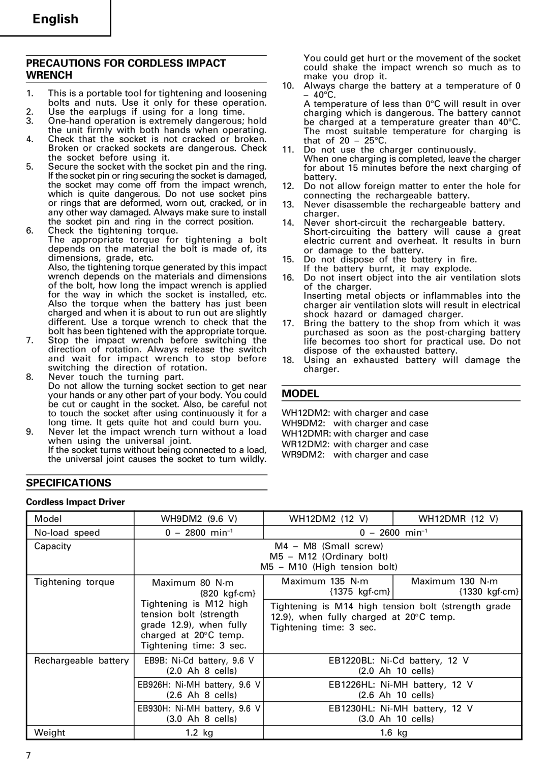 InFocus VR 9DM2 manual Precautions for Cordless Impact Wrench, Model, Specifications, Cordless Impact Driver 