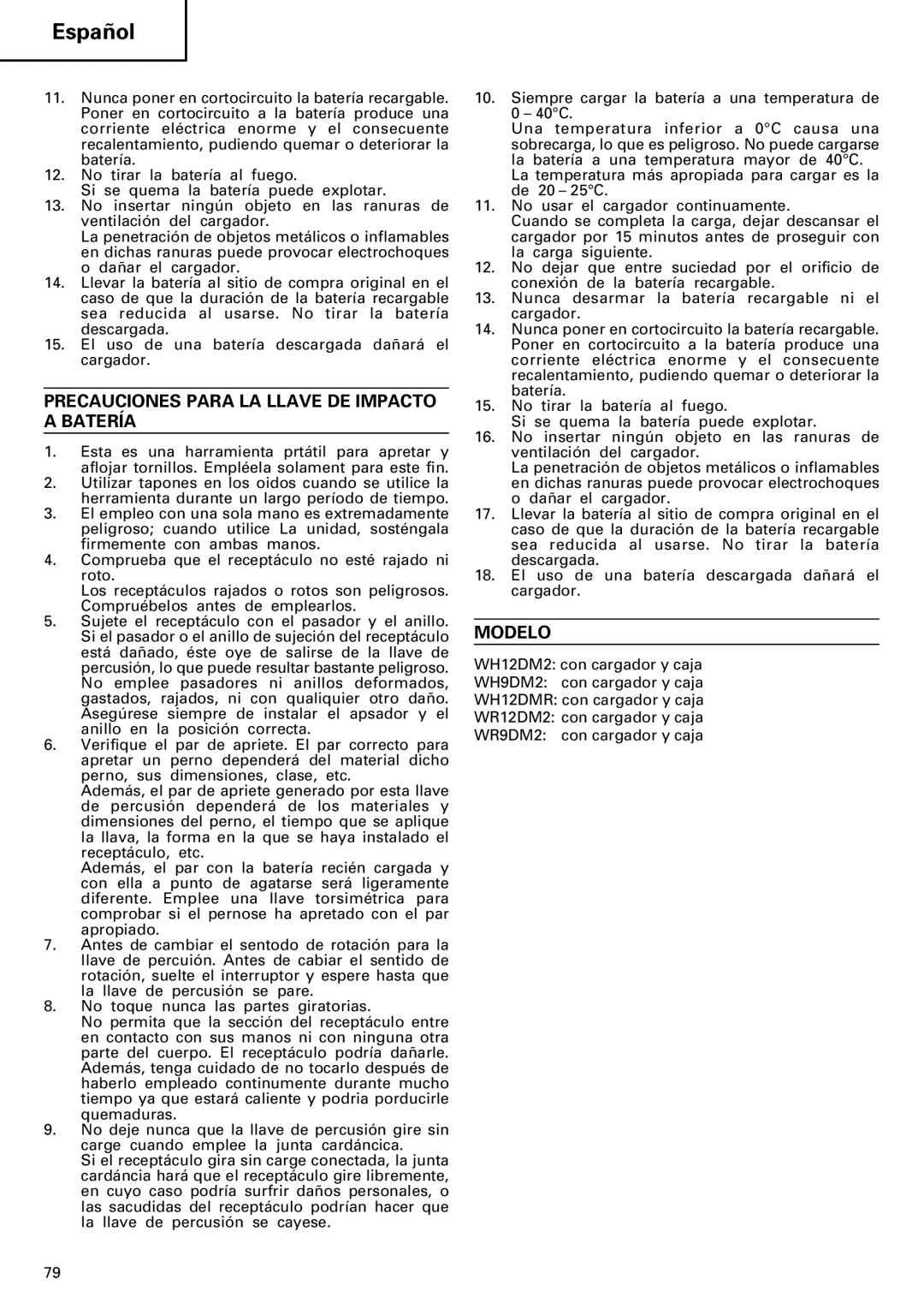 InFocus VR 9DM2 manual Precauciones Para LA Llave DE Impacto a Batería, Modelo 