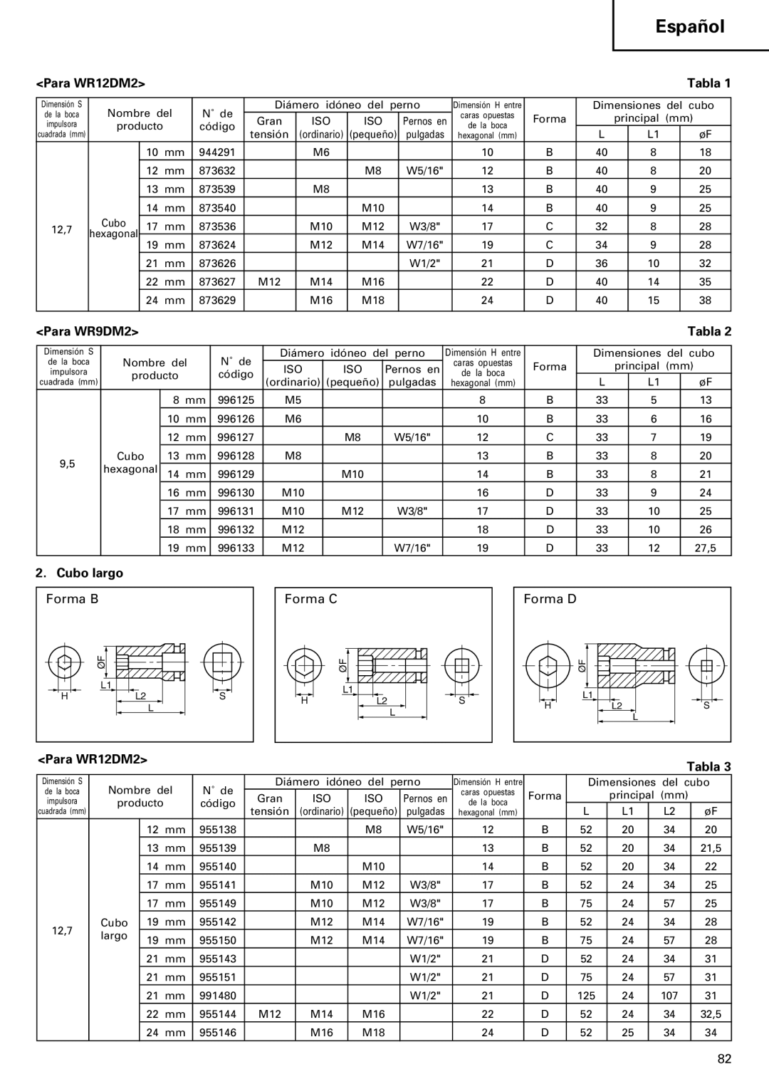 InFocus VR 9DM2 manual Para WR12DM2 Tabla, Para WR9DM2 Tabla, Cubo largo 