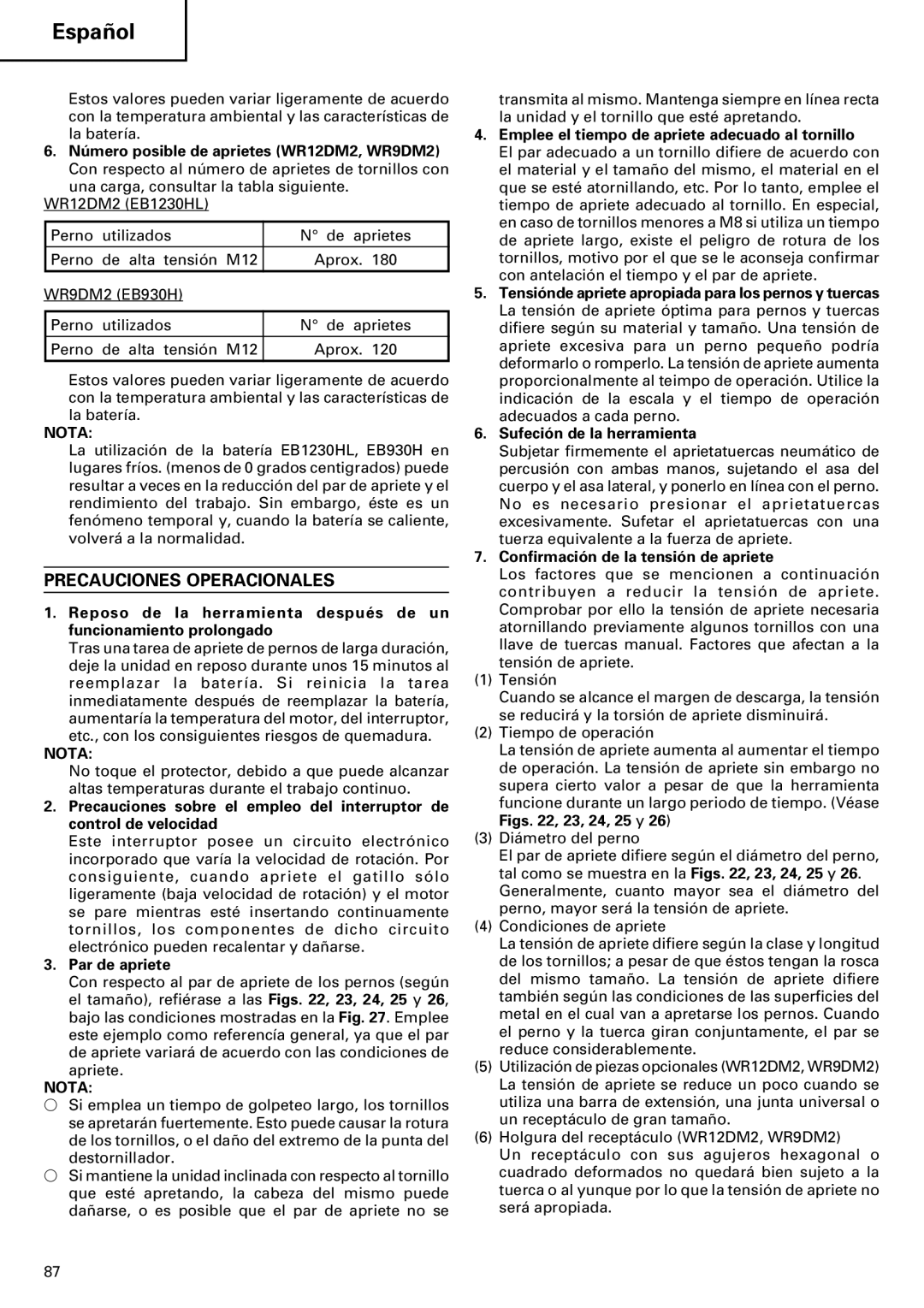 InFocus VR 9DM2 manual Precauciones Operacionales, Par de apriete, Emplee el tiempo de apriete adecuado al tornillo 