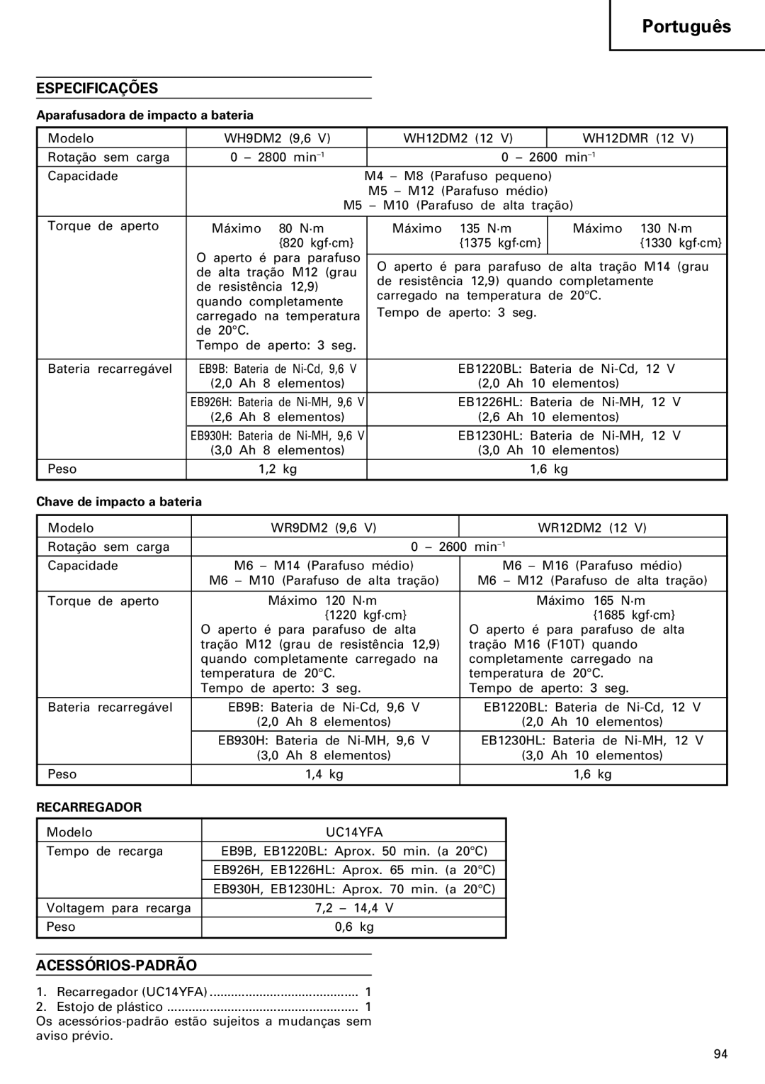 InFocus VR 9DM2 manual Especificações, Acessórios-Padrão, Aparafusadora de impacto a bateria, Chave de impacto a bateria 