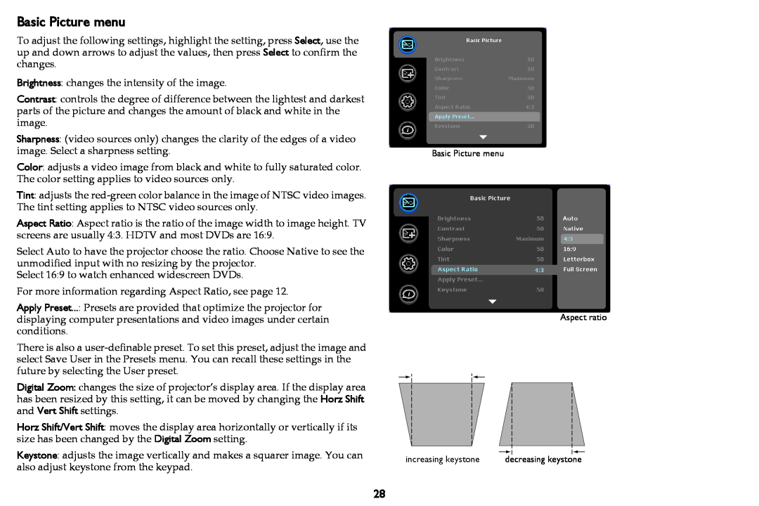 InFocus IN1102, W1102, IN1100 manual Basic Picture menu 