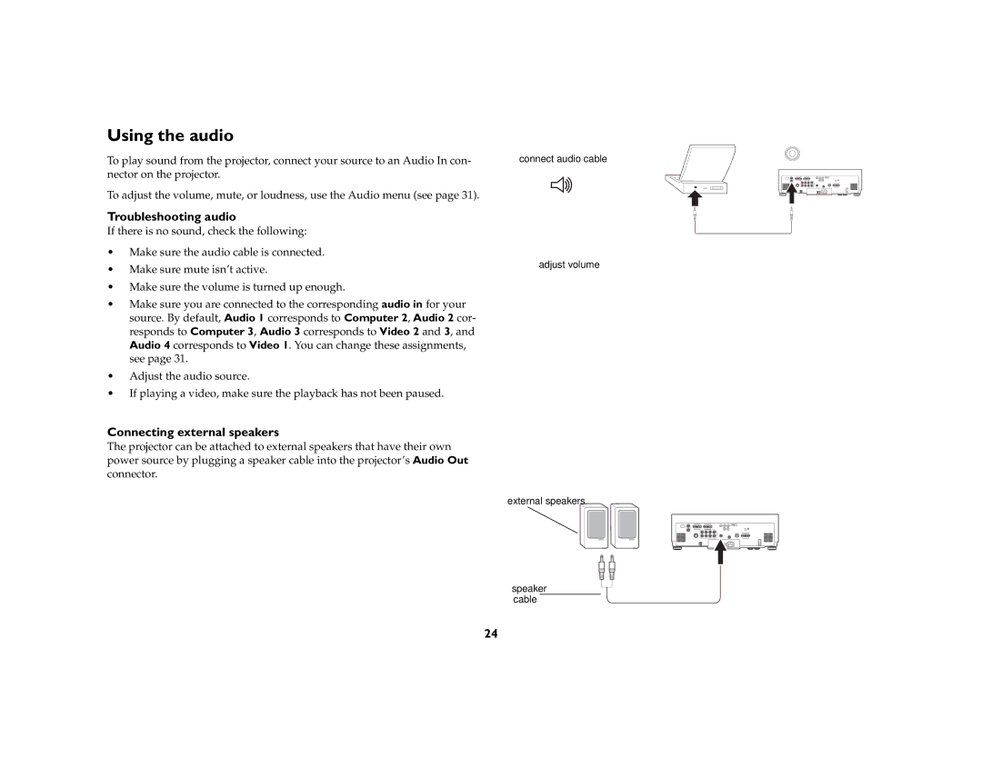 InFocus W55, W50 manual Using the audio, Troubleshooting audio, Connecting external speakers 