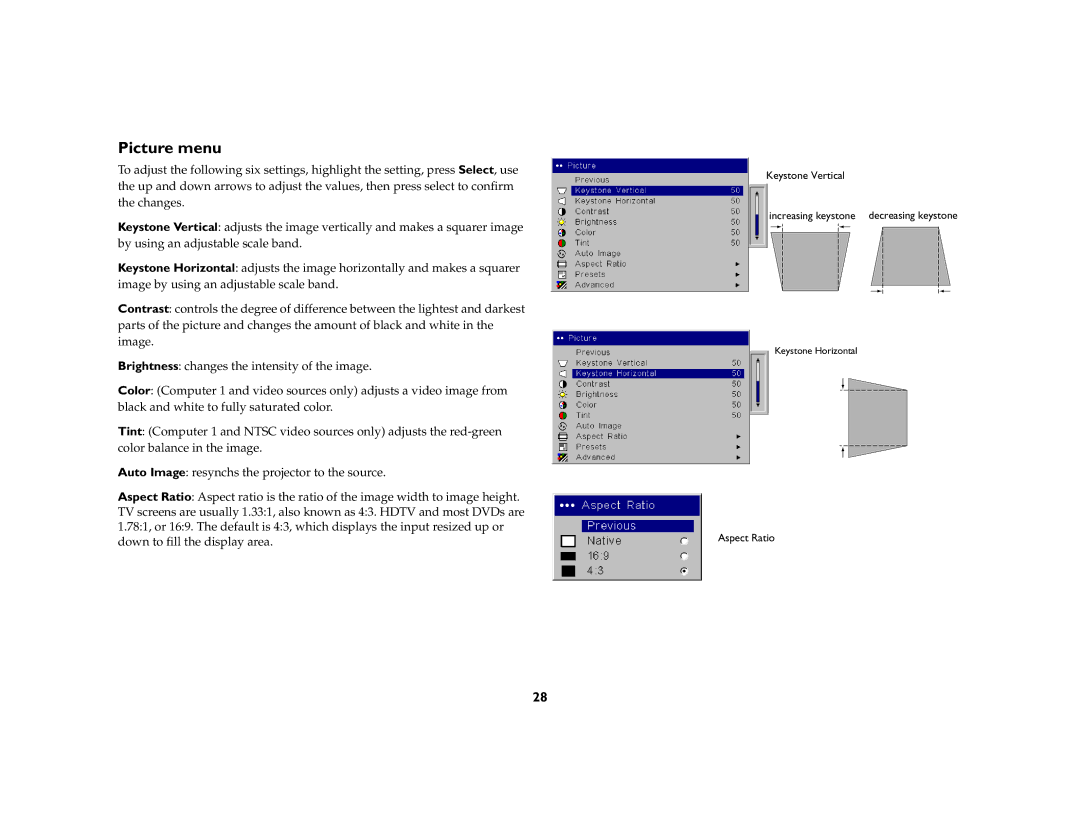 InFocus W55, W50 manual Picture menu 