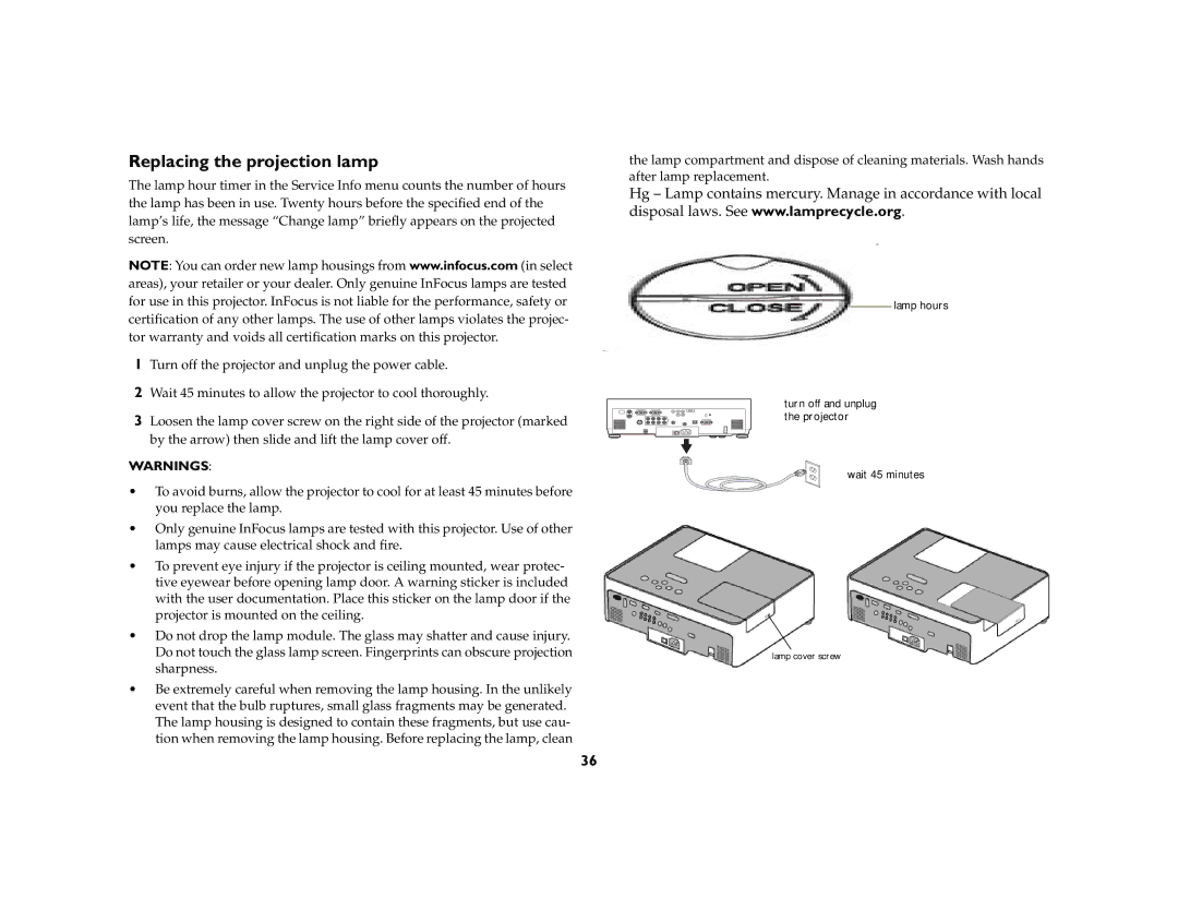 InFocus W55, W50 manual Replacing the projection lamp 