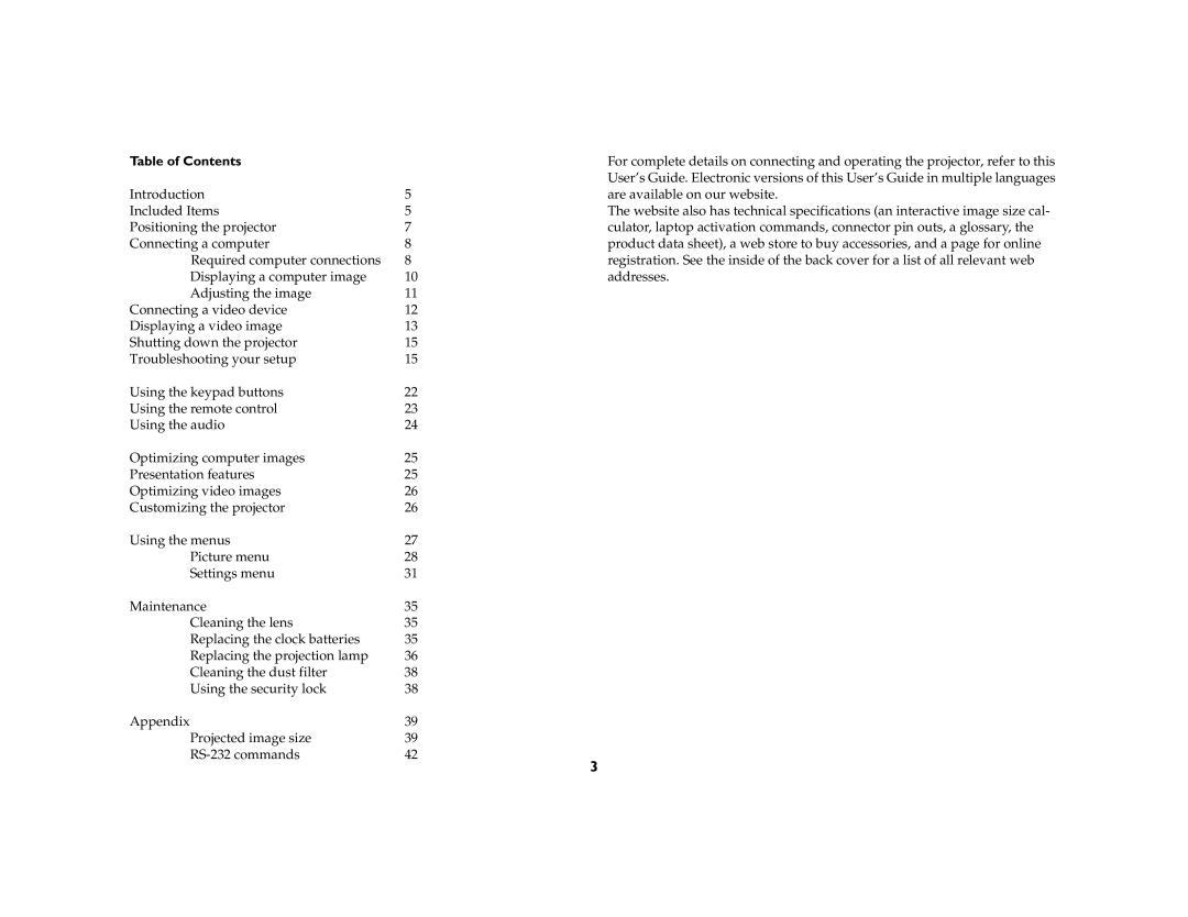 InFocus W50, W55 manual Table of Contents 