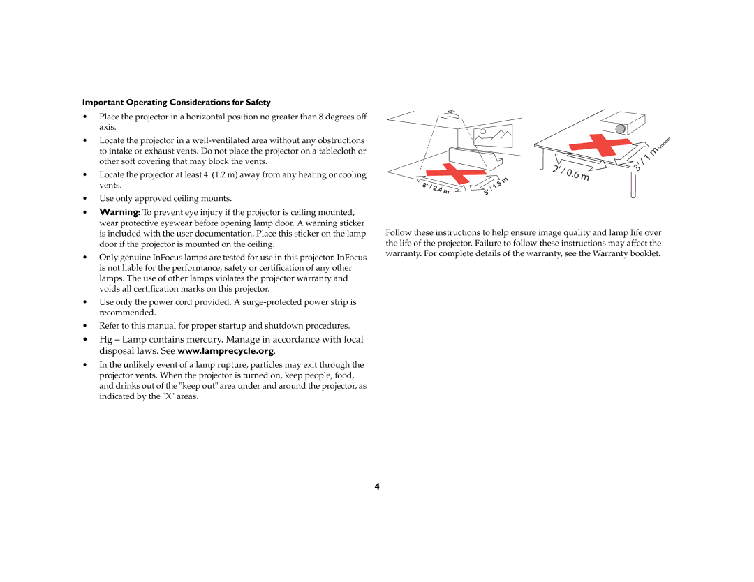 InFocus W55, W50 manual Important Operating Considerations for Safety 