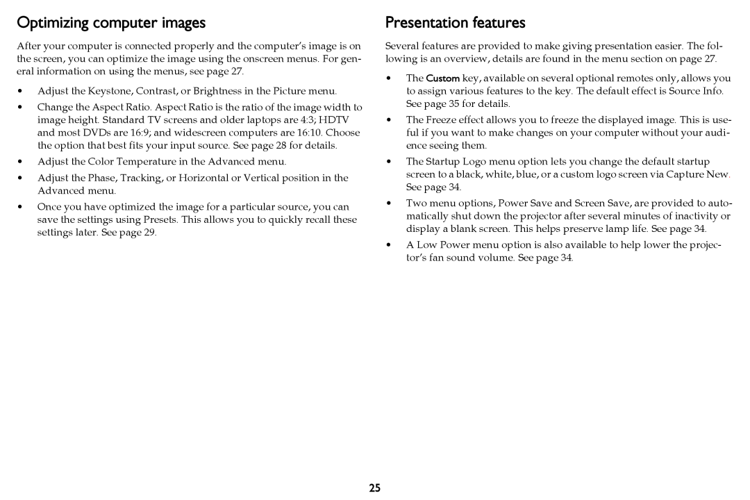 InFocus W59, QR80421 manual Optimizing computer images, Presentation features 