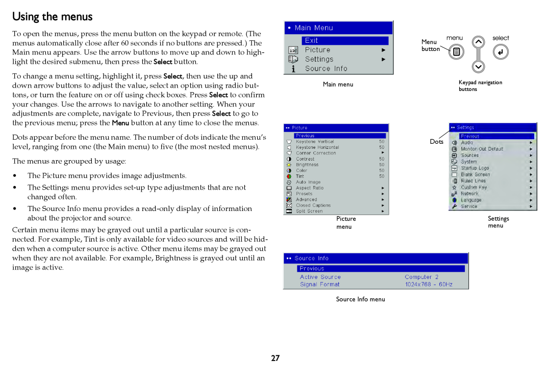 InFocus W59, QR80421 manual Using the menus 