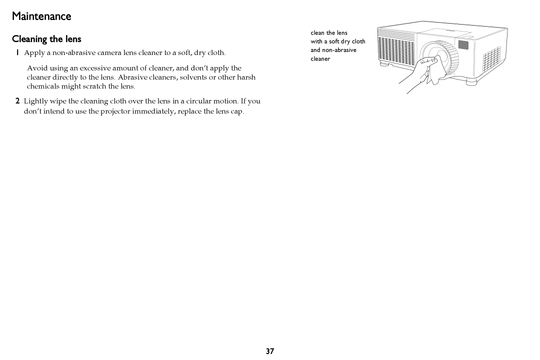 InFocus W59, QR80421 manual Maintenance, Cleaning the lens 