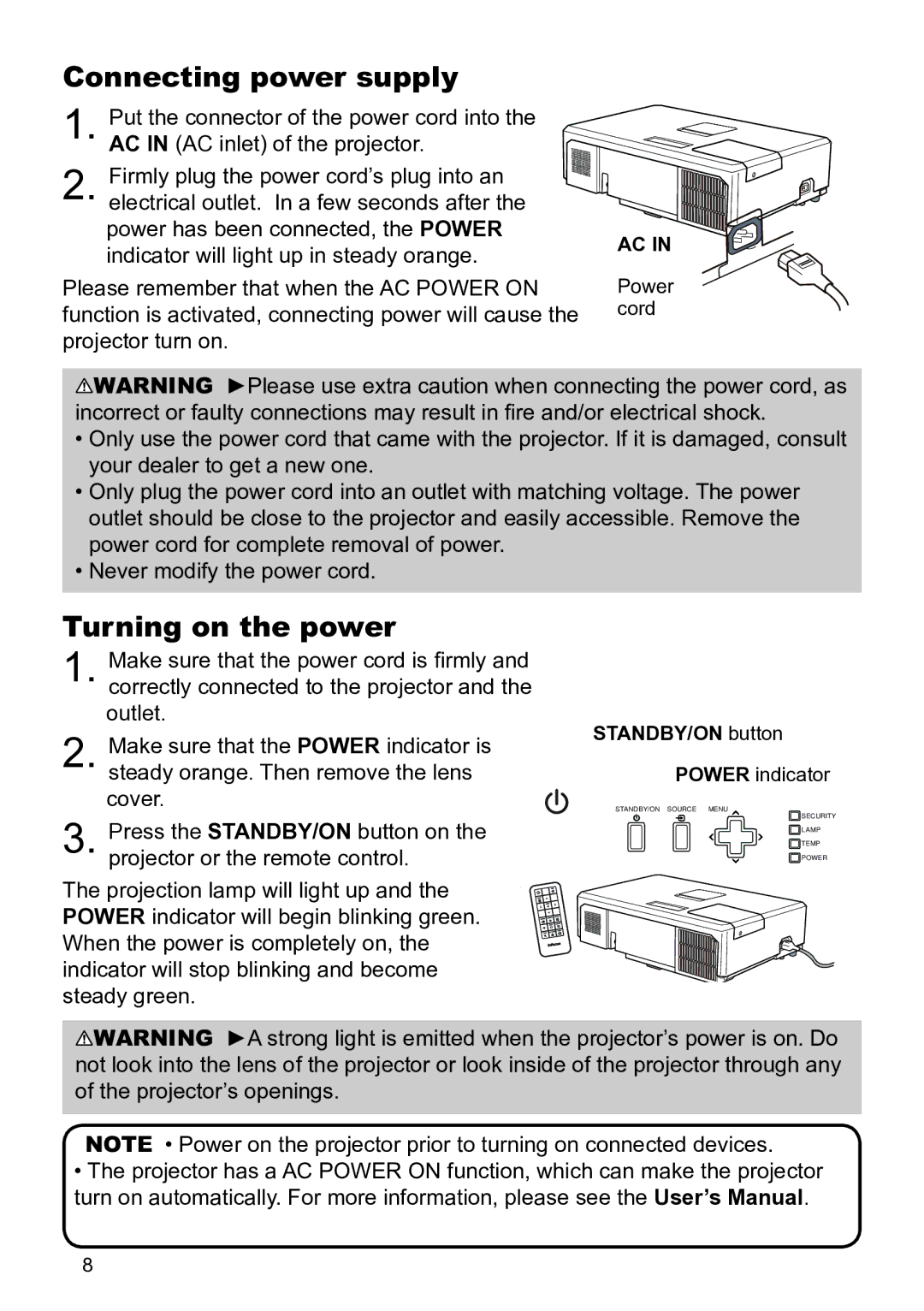 InFocus W61, W60, IN5124C, IN5122C manual Connecting power supply, Turning on the power 