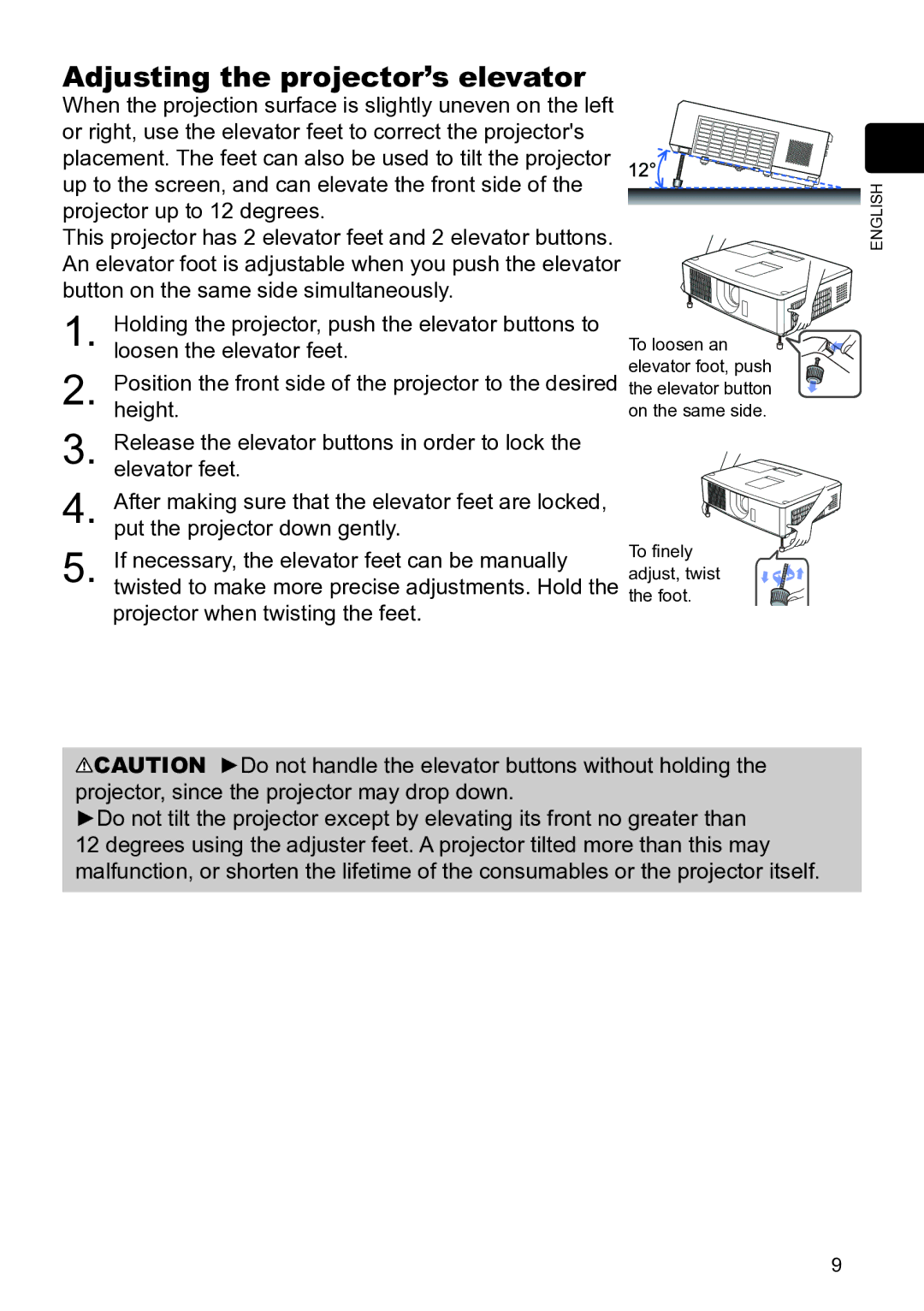 InFocus W60, W61, IN5124C, IN5122C manual Adjusting the projector’s elevator 