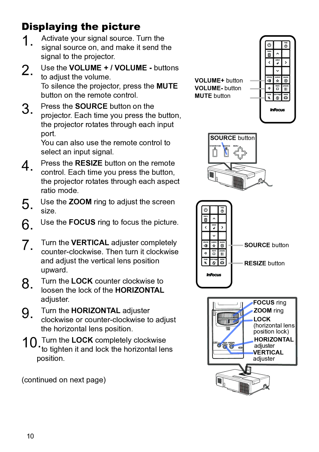 InFocus IN5124C, W61, W60, IN5122C manual Displaying the picture, Use the Volume + / Volume buttons to adjust the volume 