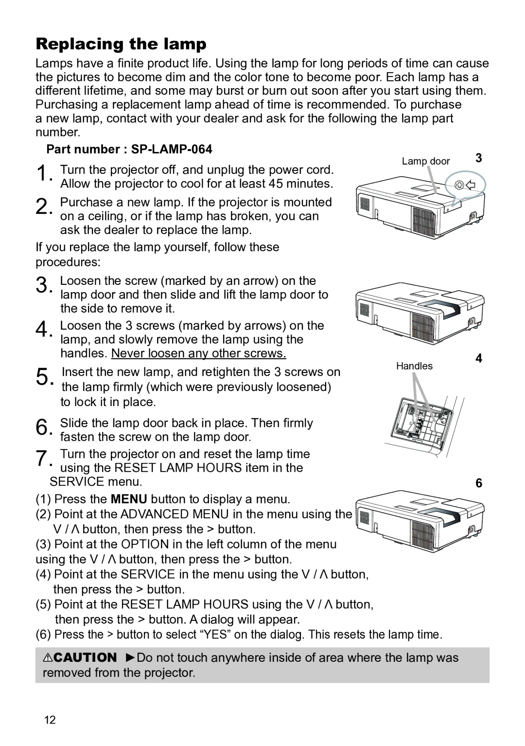 InFocus IN5122C, W61, W60, IN5124C manual Replacing the lamp, Part number SP-LAMP-064 