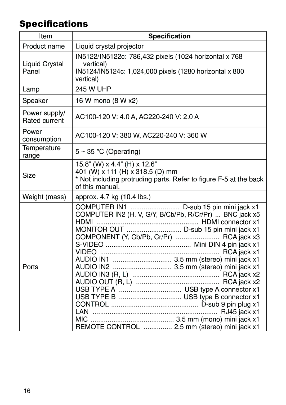 InFocus IN5124C, W61, W60, IN5122C manual Specifications 