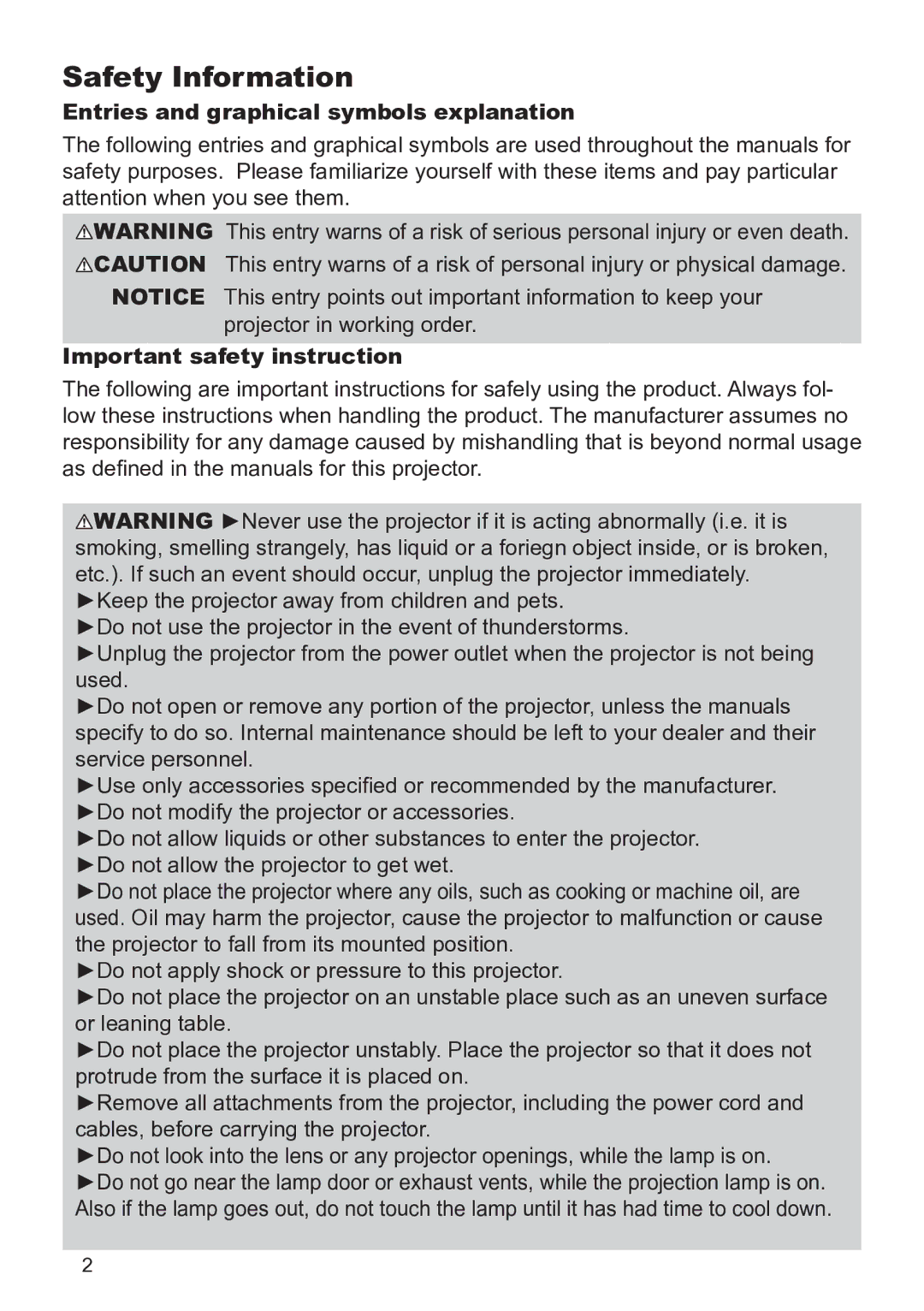 InFocus W61, W60, IN5124C manual Safety Information, Entries and graphical symbols explanation, Important safety instruction 