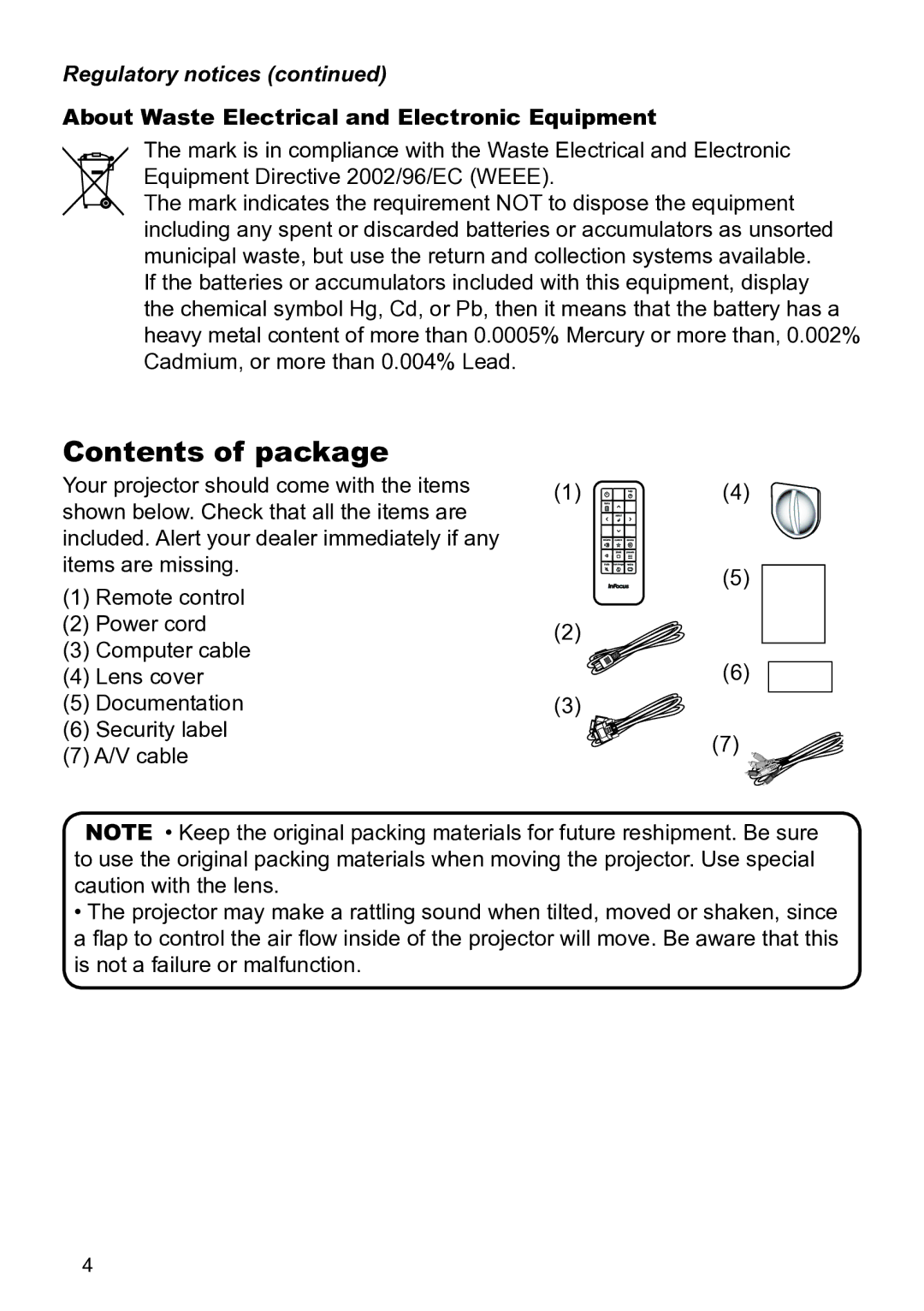 InFocus IN5124C, W61, W60, IN5122C manual Contents of package 