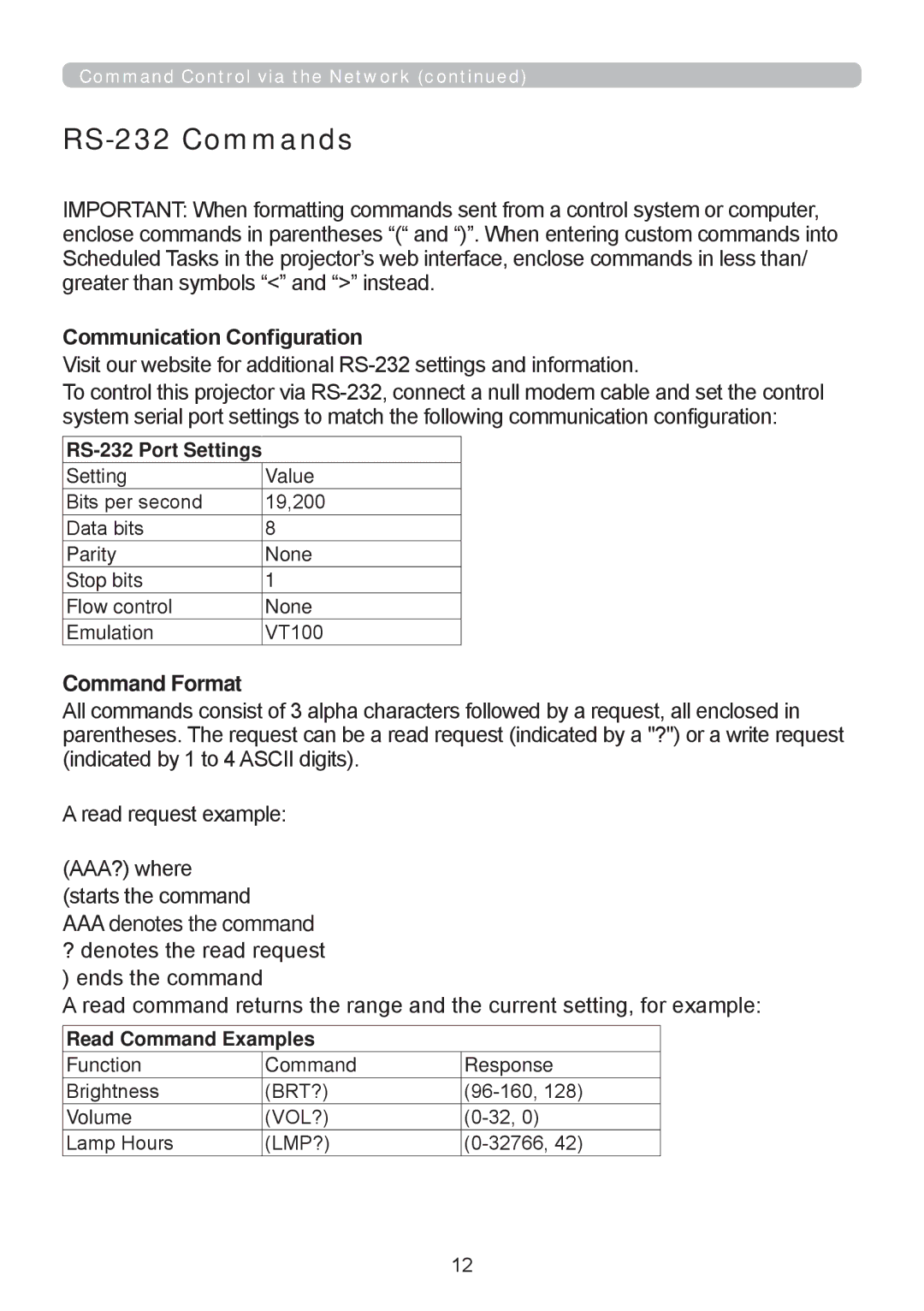 InFocus IN5122, W61, W60, RS232, IN5124 manual RS-232 Commands 