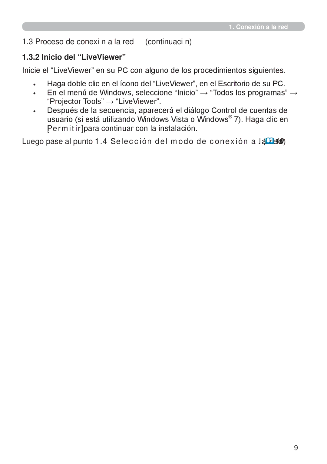 InFocus W60, W61 manual Proceso de conexión a la red continuación, Inicio del LiveViewer 