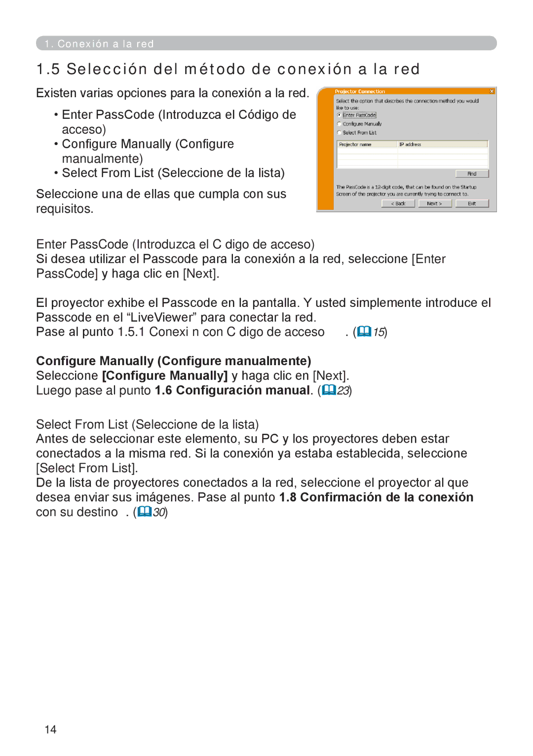 InFocus W61, W60 manual Selección del método de conexión a la red, Enter PassCode Introduzca el Código de acceso 