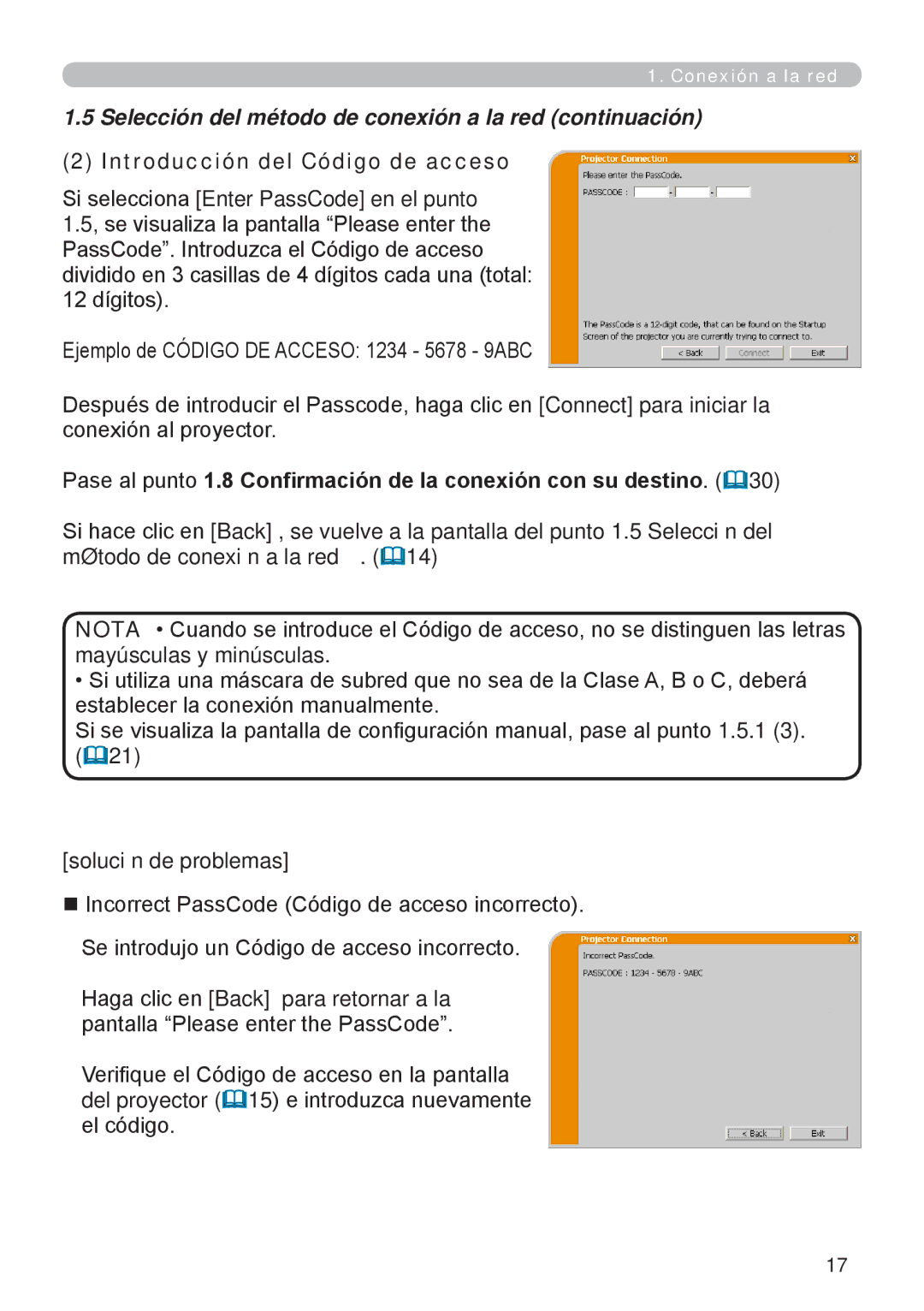 InFocus W60, W61 manual Introducción del Código de acceso, Solución de problemas 