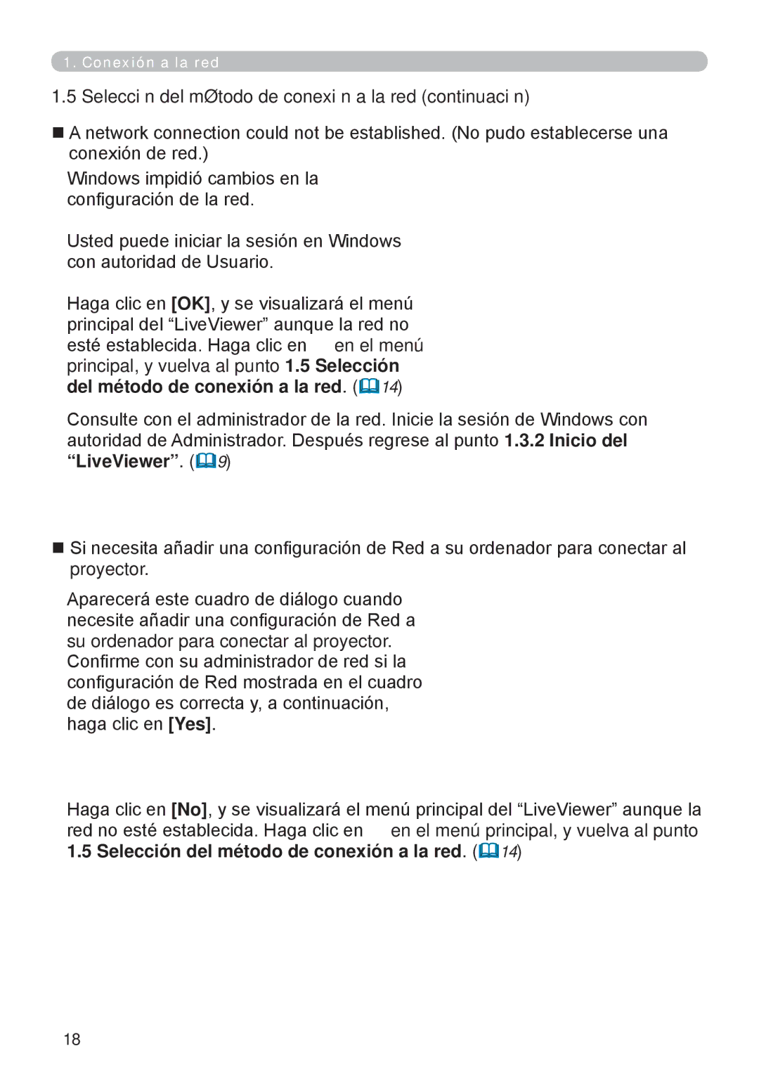 InFocus W61, W60 manual Selección del método de conexión a la red continuación 