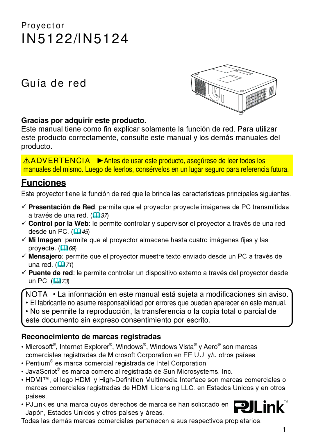 InFocus W60, W61 manual Funciones, Gracias por adquirir este producto, Reconocimiento de marcas registradas 