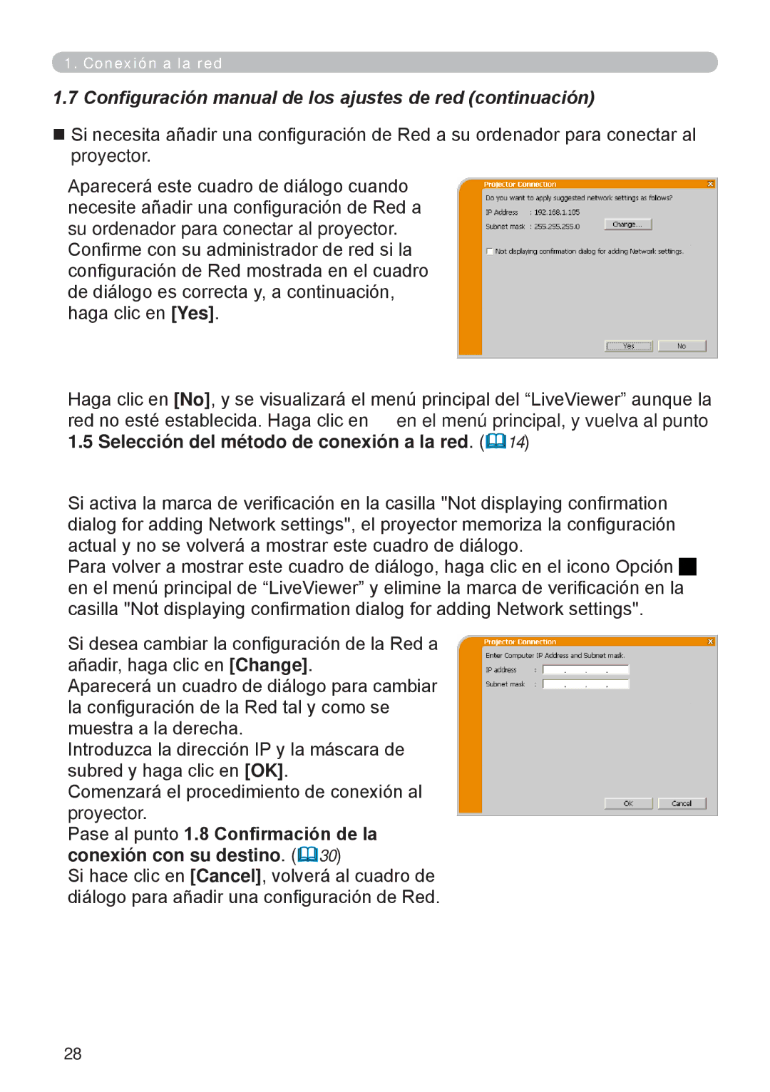 InFocus W61, W60 Configuración manual de los ajustes de red continuación 