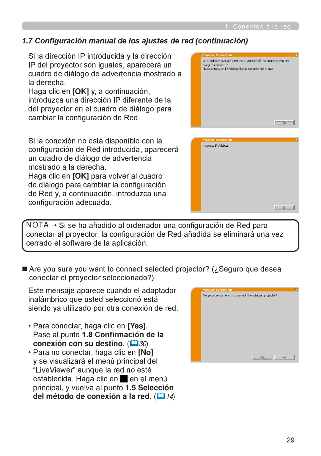 InFocus W60, W61 Configuración manual de los ajustes de red continuación 