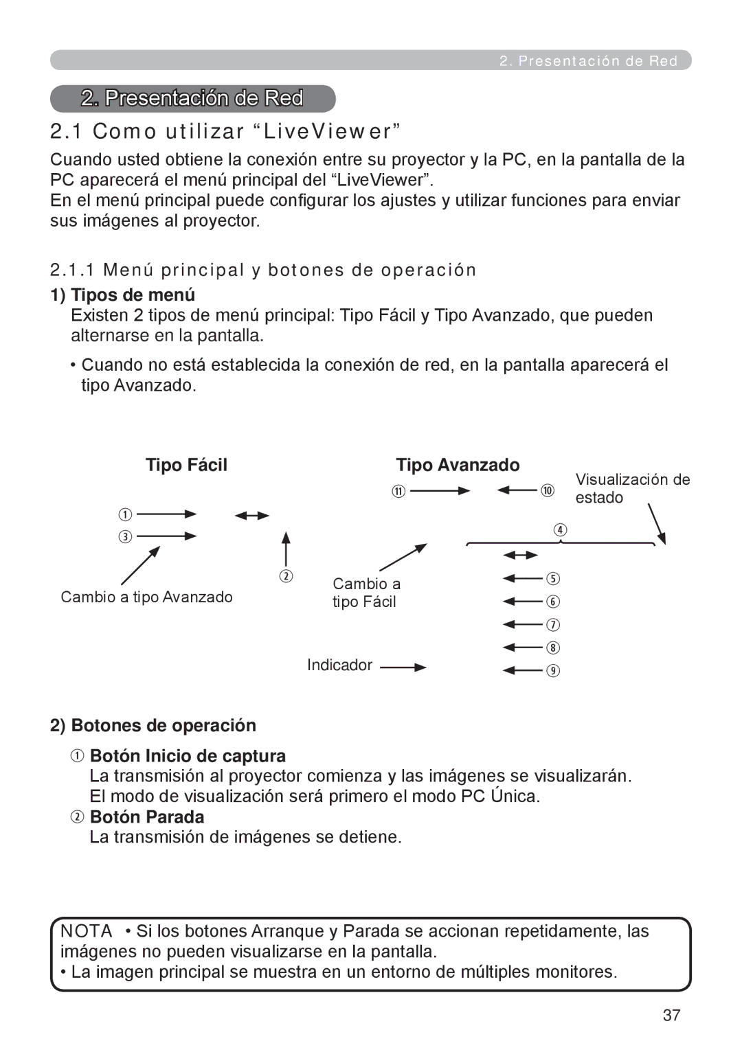 InFocus W60, W61 Como utilizar LiveViewer, 1 Menú principal y botones de operación Tipos de menú, Tipo Fácil Tipo Avanzado 