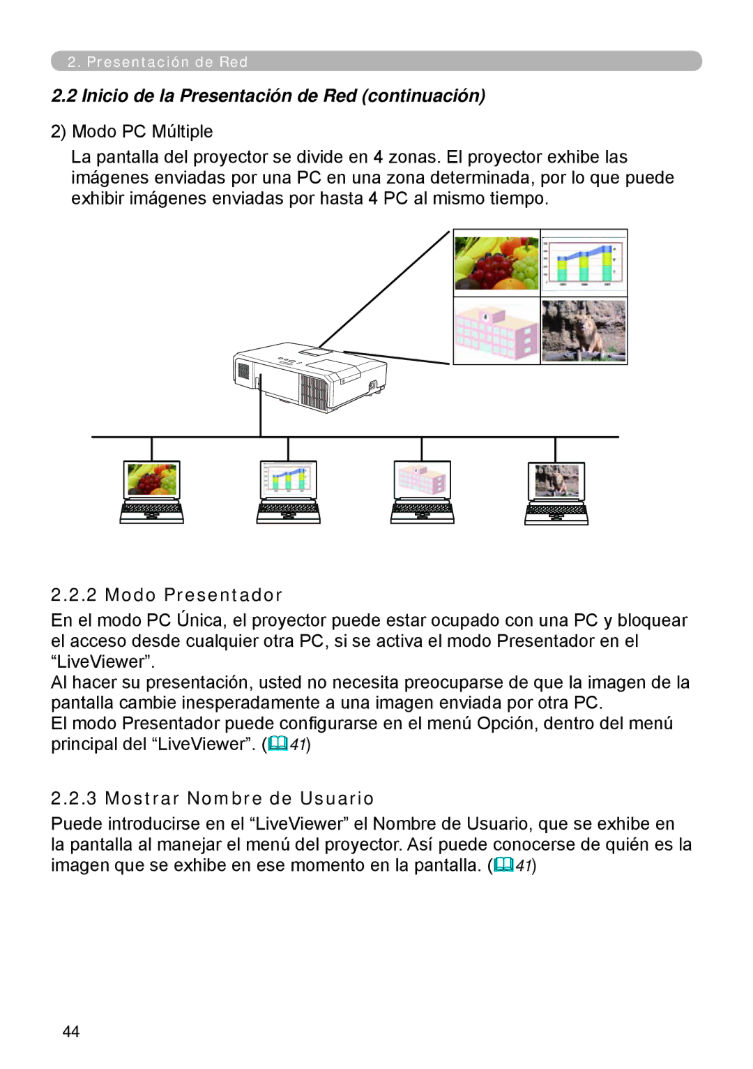 InFocus W61, W60 manual Inicio de la Presentación de Red continuación, Modo Presentador, Mostrar Nombre de Usuario 