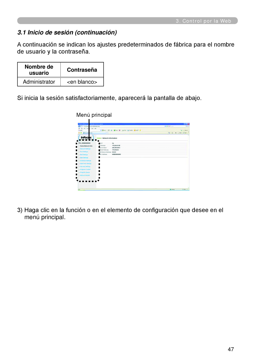 InFocus W60, W61 manual Inicio de sesión continuación, Nombre de Usuario Contraseña 