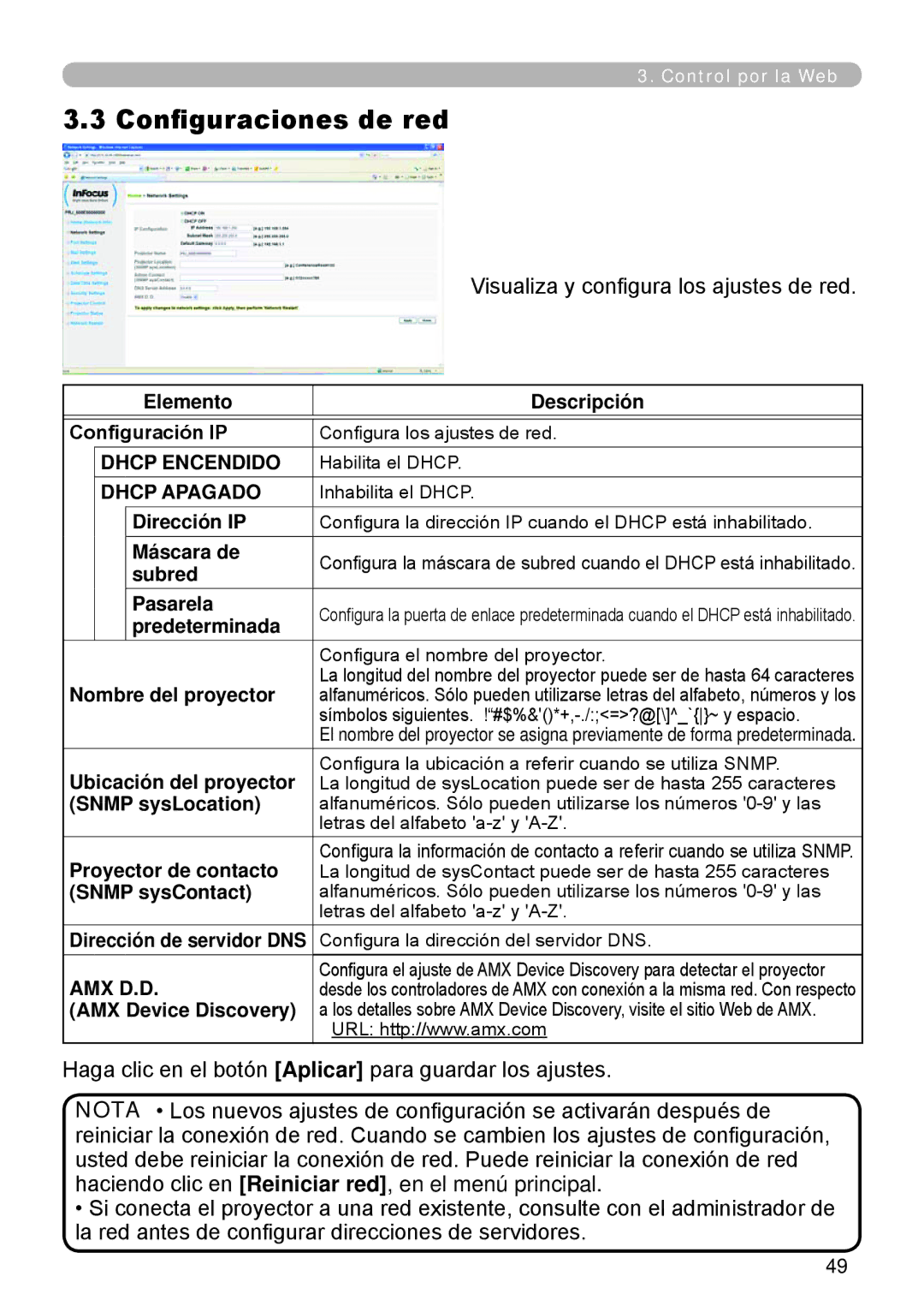 InFocus W60, W61 manual Configuraciones de red, Dhcp Encendido, Dhcp Apagado, Amx D.D 