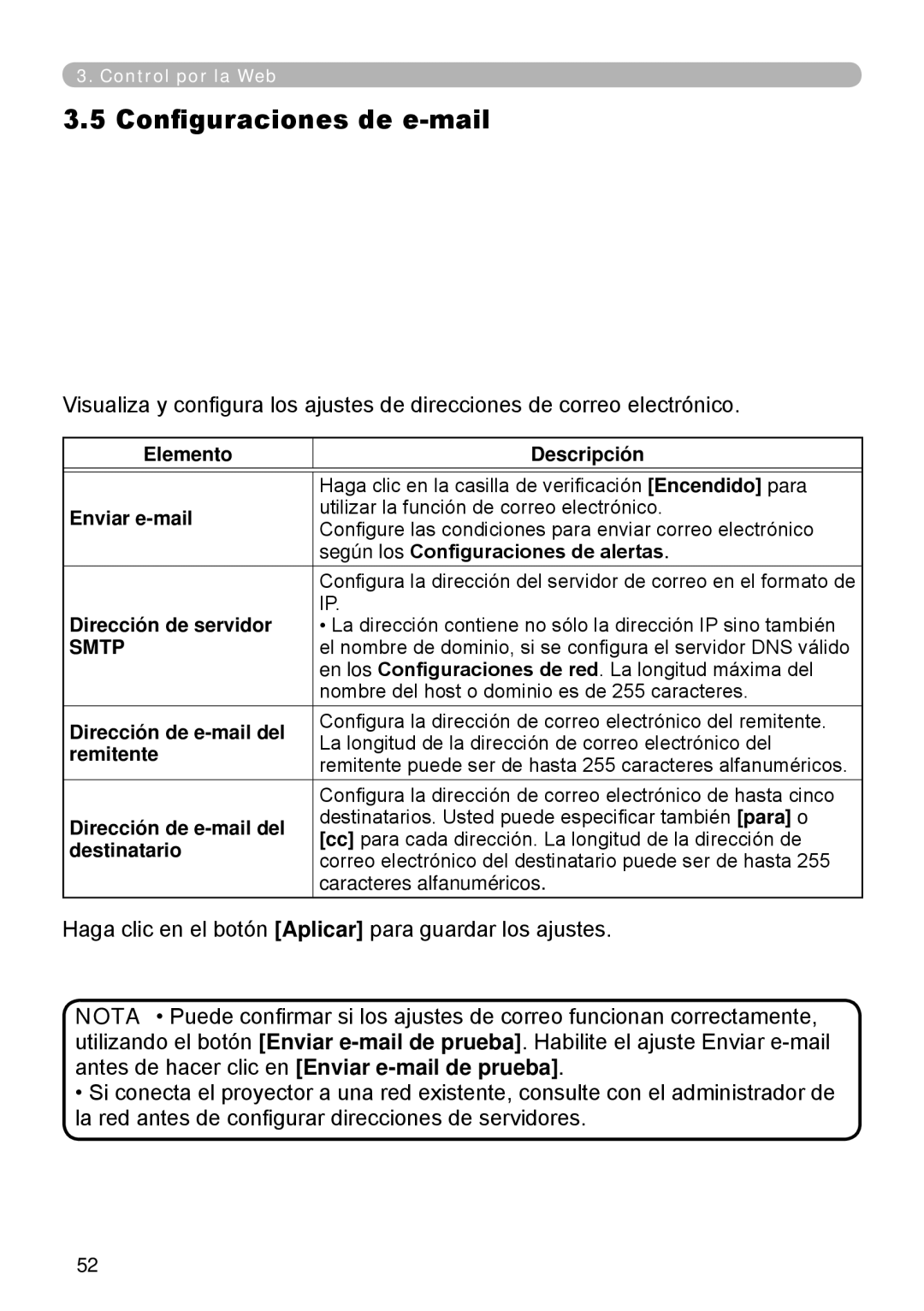 InFocus W61, W60 manual Configuraciones de e-mail, Smtp 