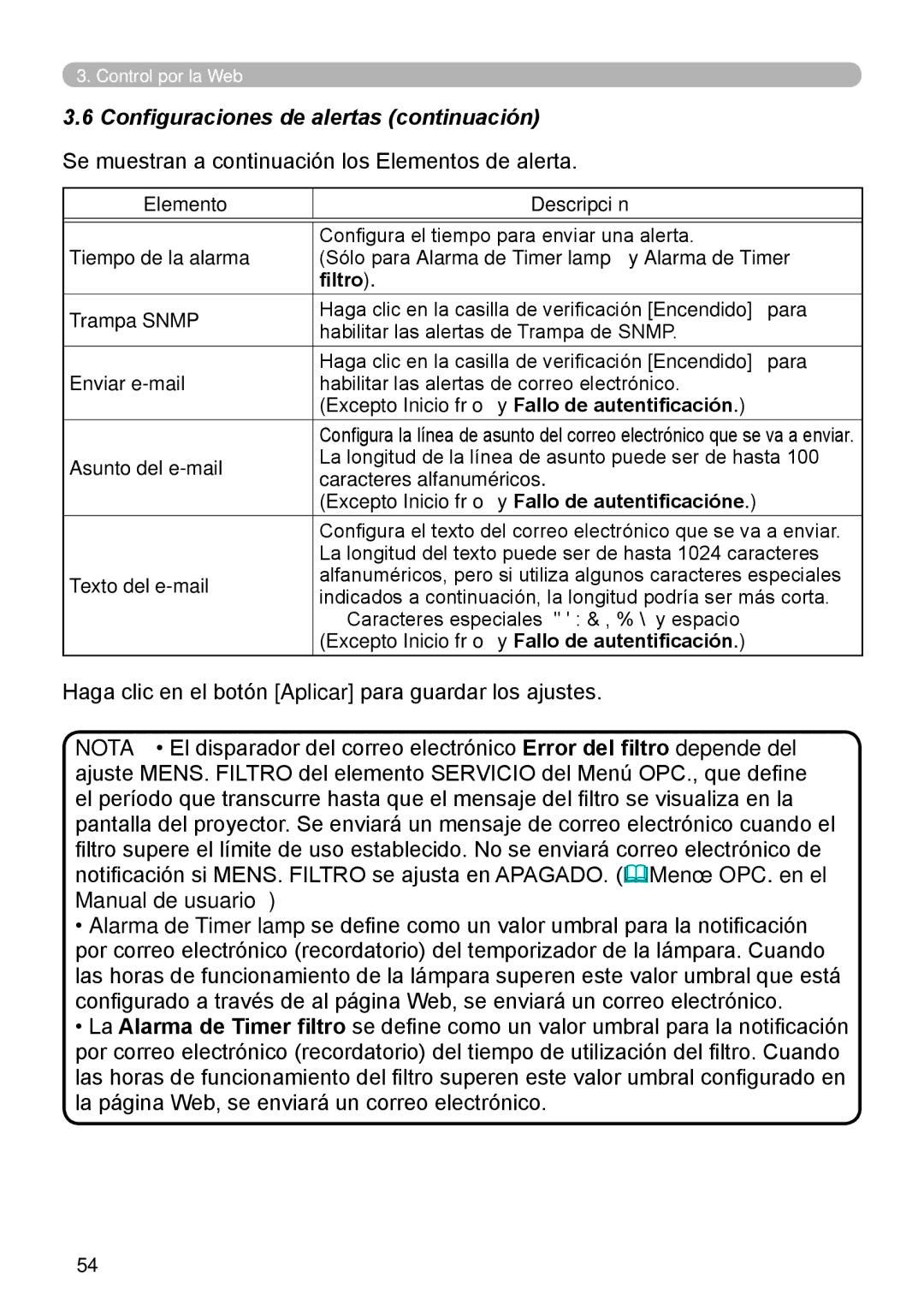 InFocus W61 Configuraciones de alertas continuación, Excepto Inicio frío y Fallo de autentificación, Asunto del e-mail 