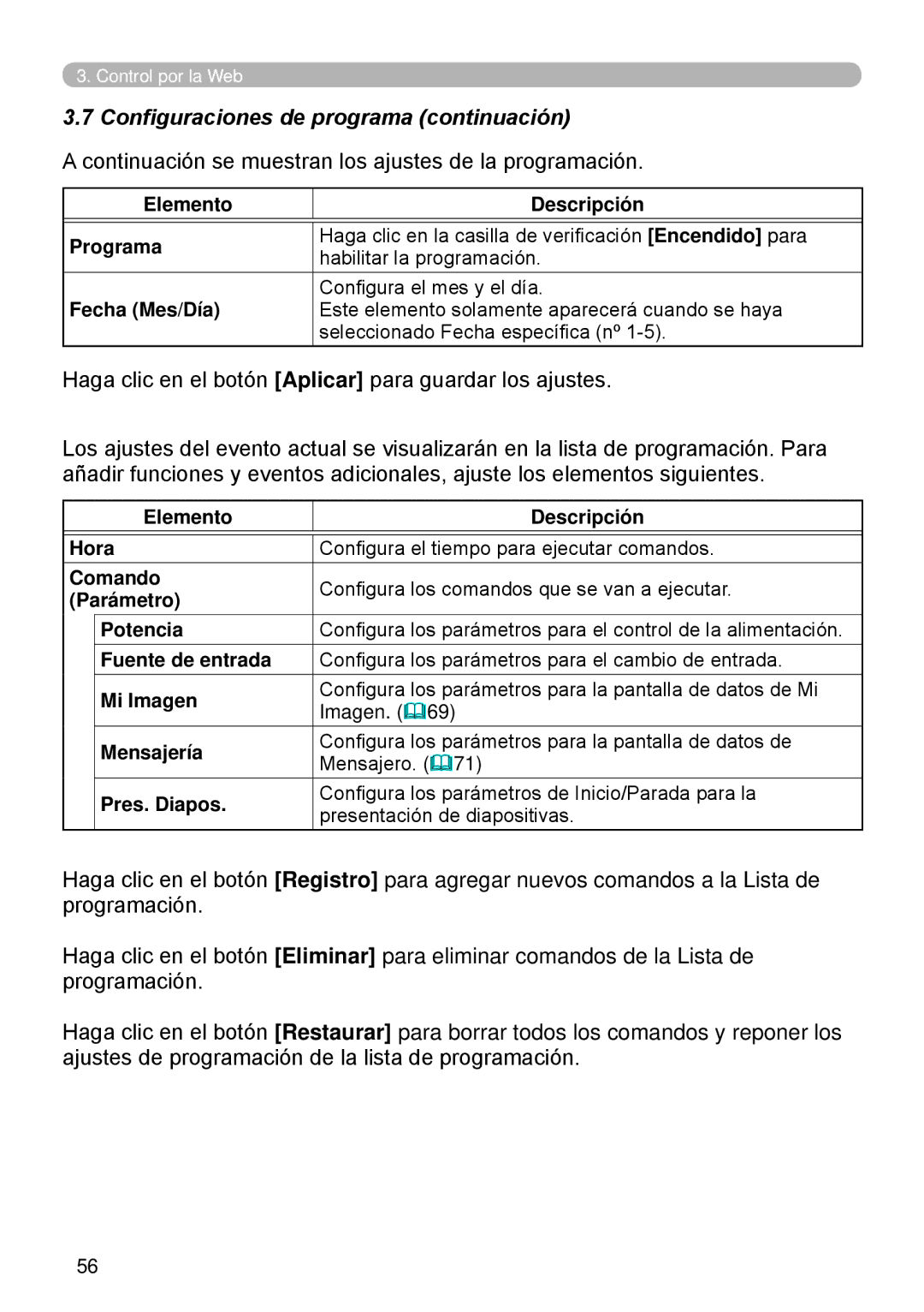 InFocus W61, W60 manual Configuraciones de programa continuación 