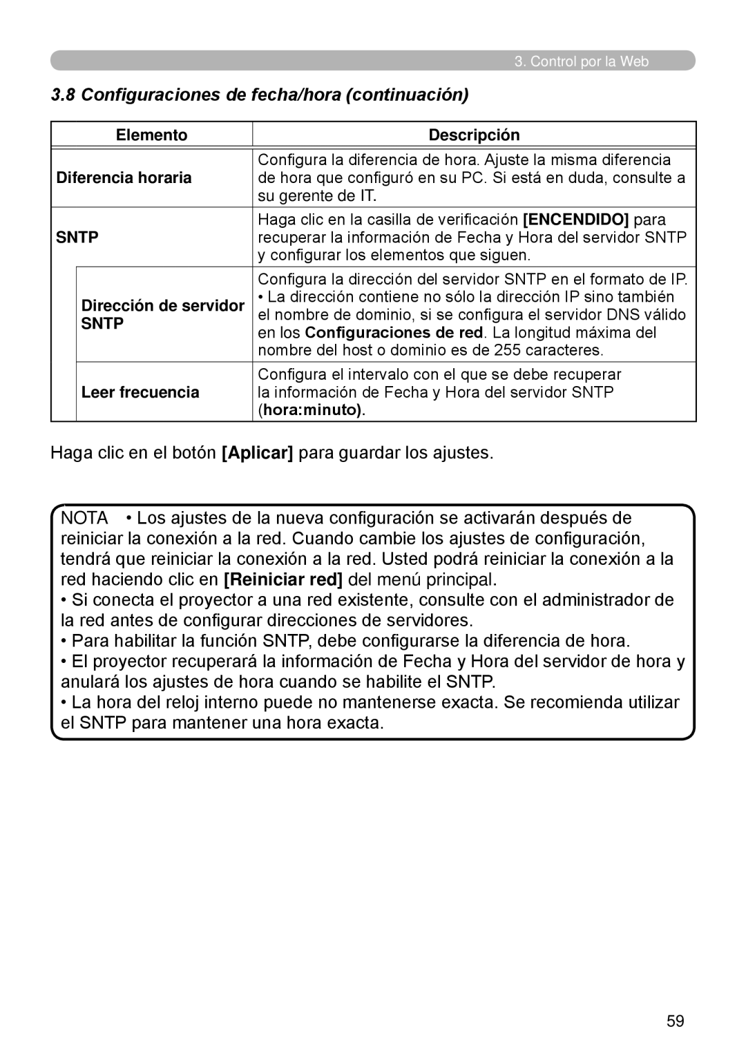 InFocus W60 Configuraciones de fecha/hora continuación, Elemento Descripción Diferencia horaria, Sntp, Leer frecuencia 