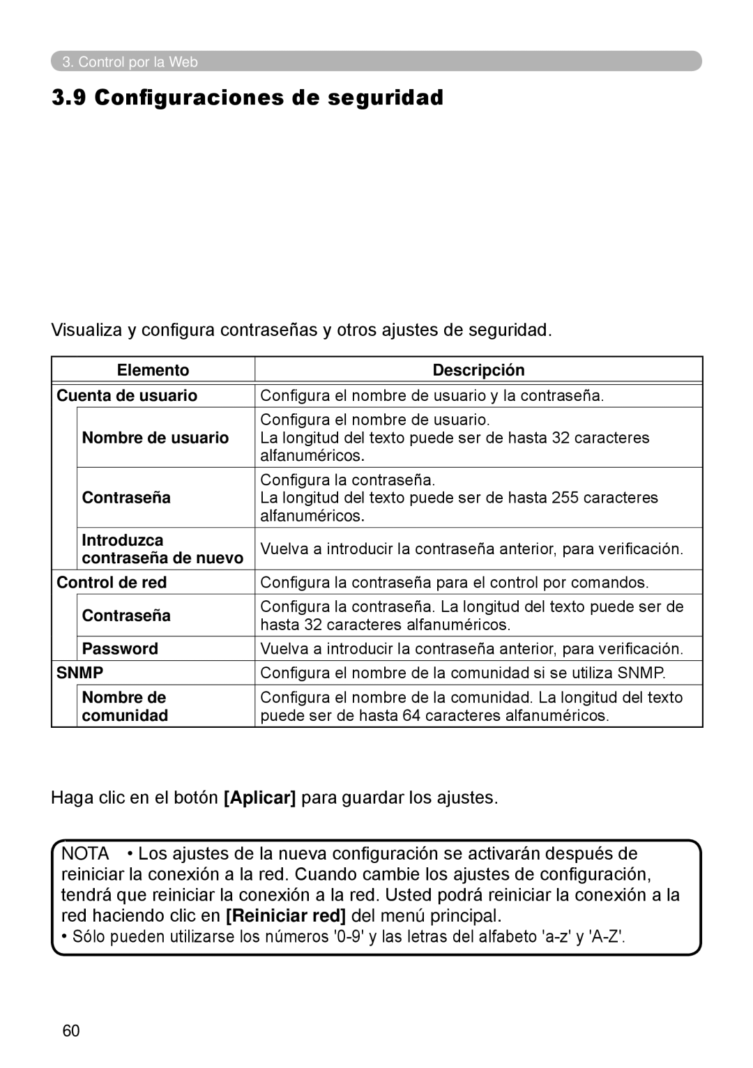 InFocus W61, W60 manual Configuraciones de seguridad, Snmp 