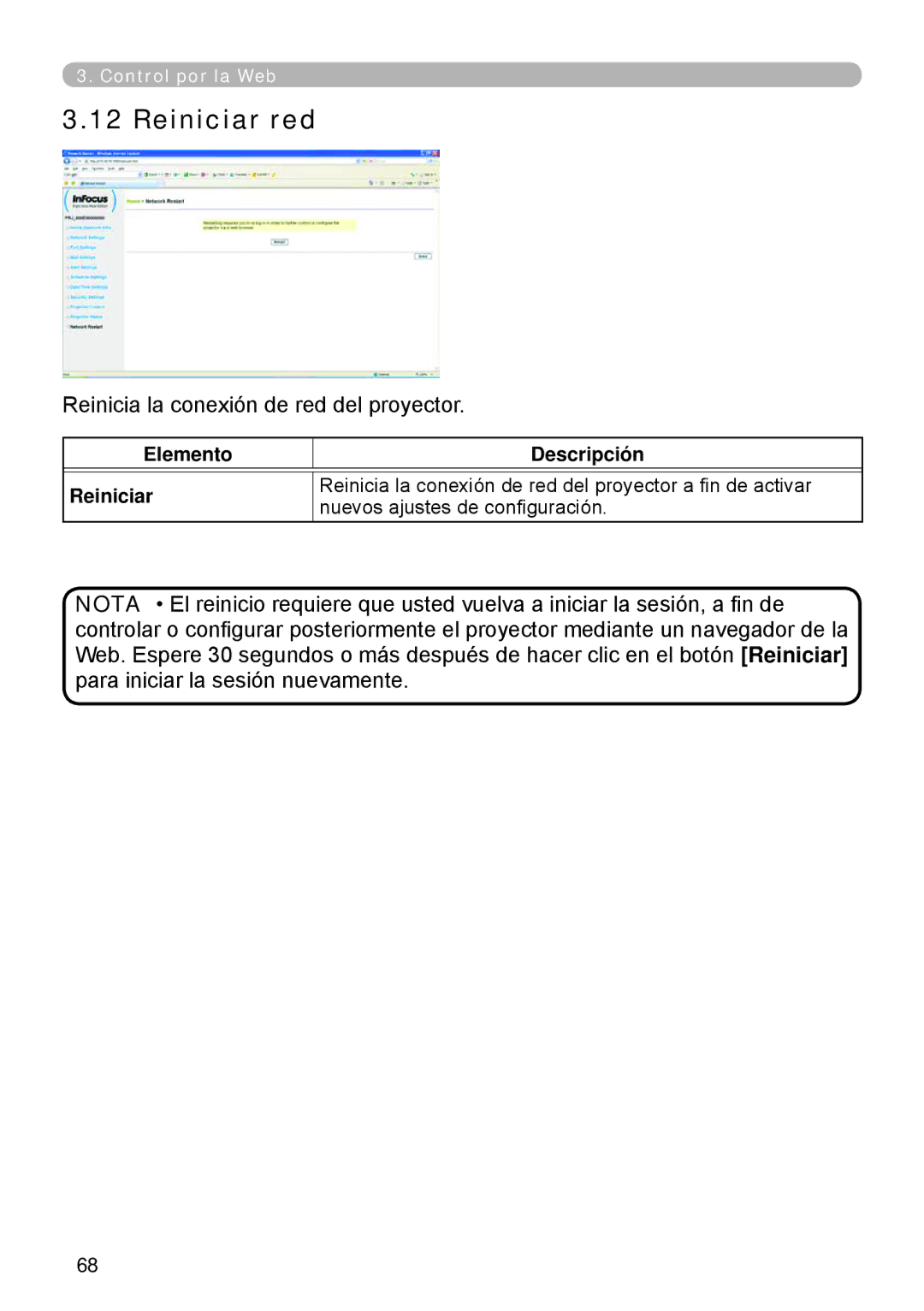 InFocus W61, W60 manual Reiniciar red, Elemento Descripción Reiniciar 