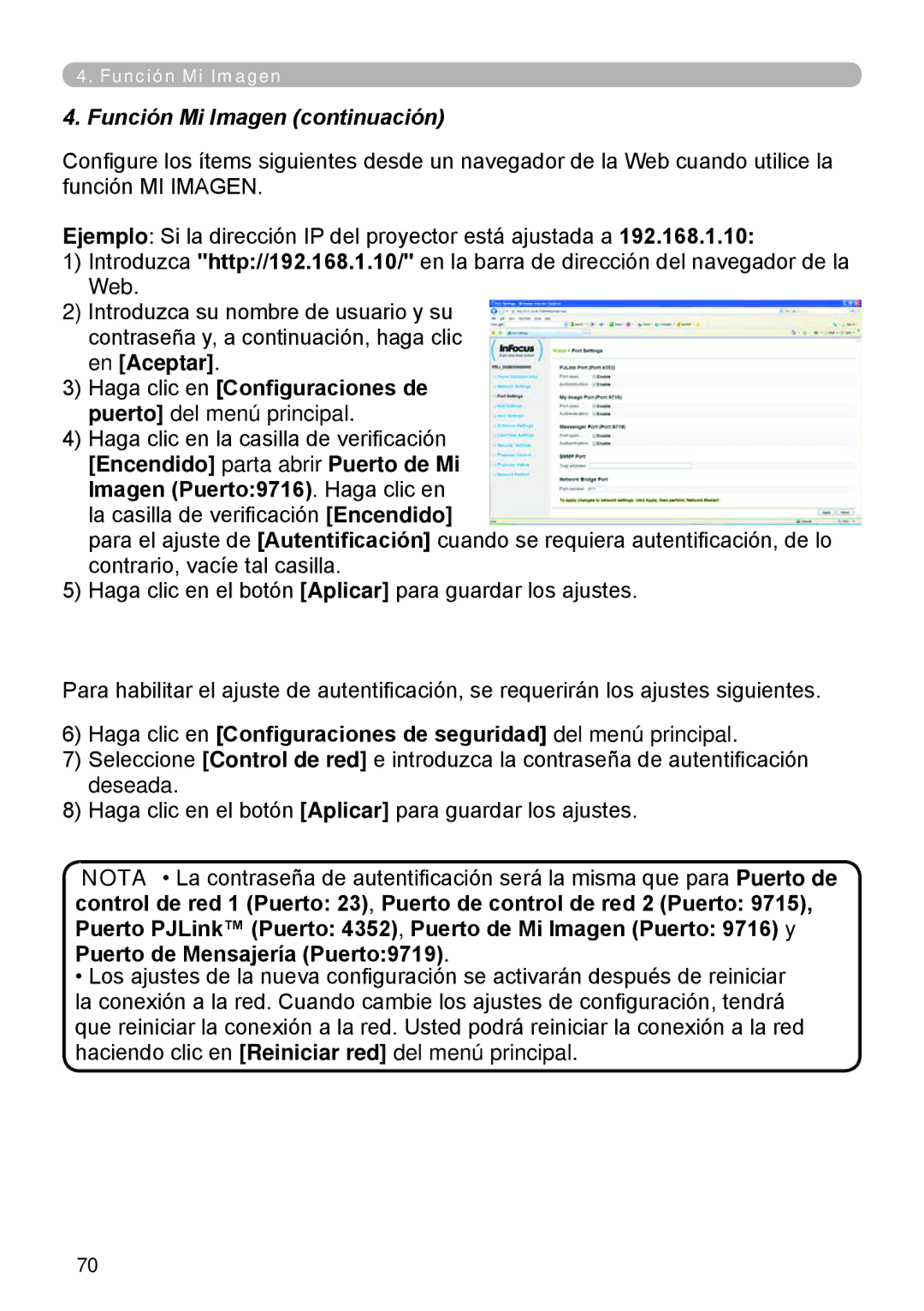 InFocus W61, W60 manual Función Mi Imagen continuación, Haga clic en Configuraciones de puerto del menú principal 