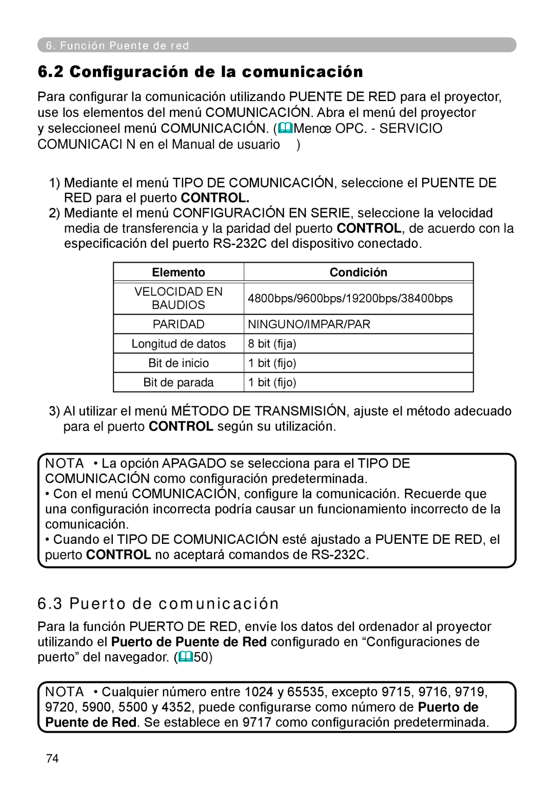 InFocus W61, W60 manual Configuración de la comunicación, Puerto de comunicación, Elemento Condición 