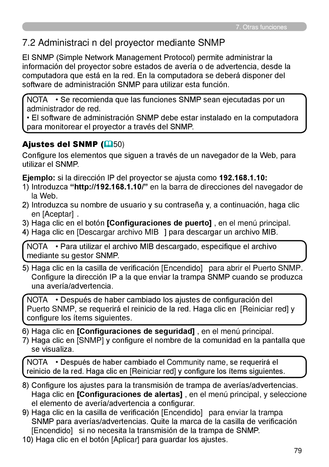 InFocus W60, W61 manual Administración del proyector mediante Snmp, Ajustes del Snmp 50 