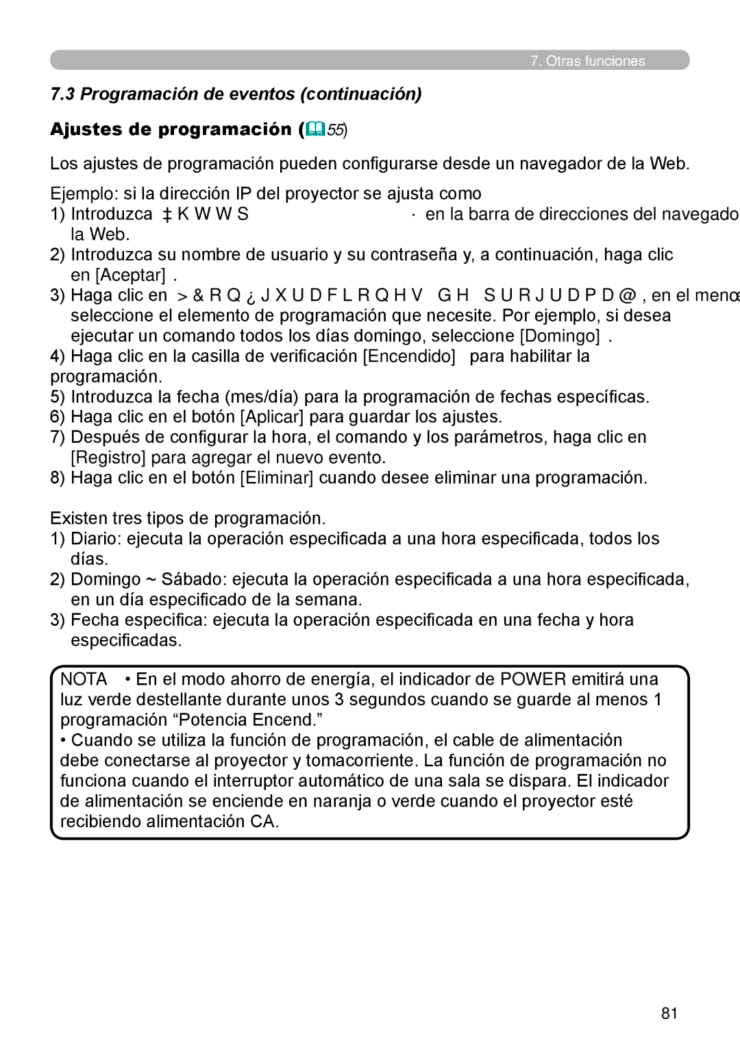 InFocus W60, W61 manual Programación de eventos continuación, Ajustes de programación 55 